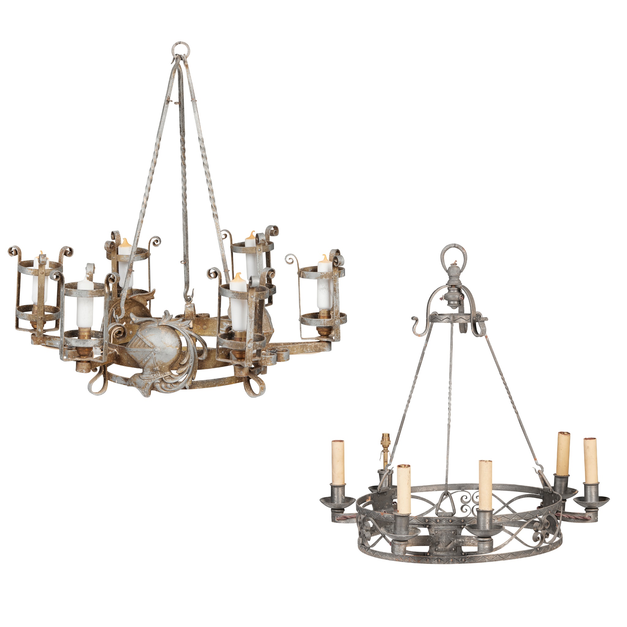 TWO GOTHIC STYLE WROUGHT METAL CHANDELIERS