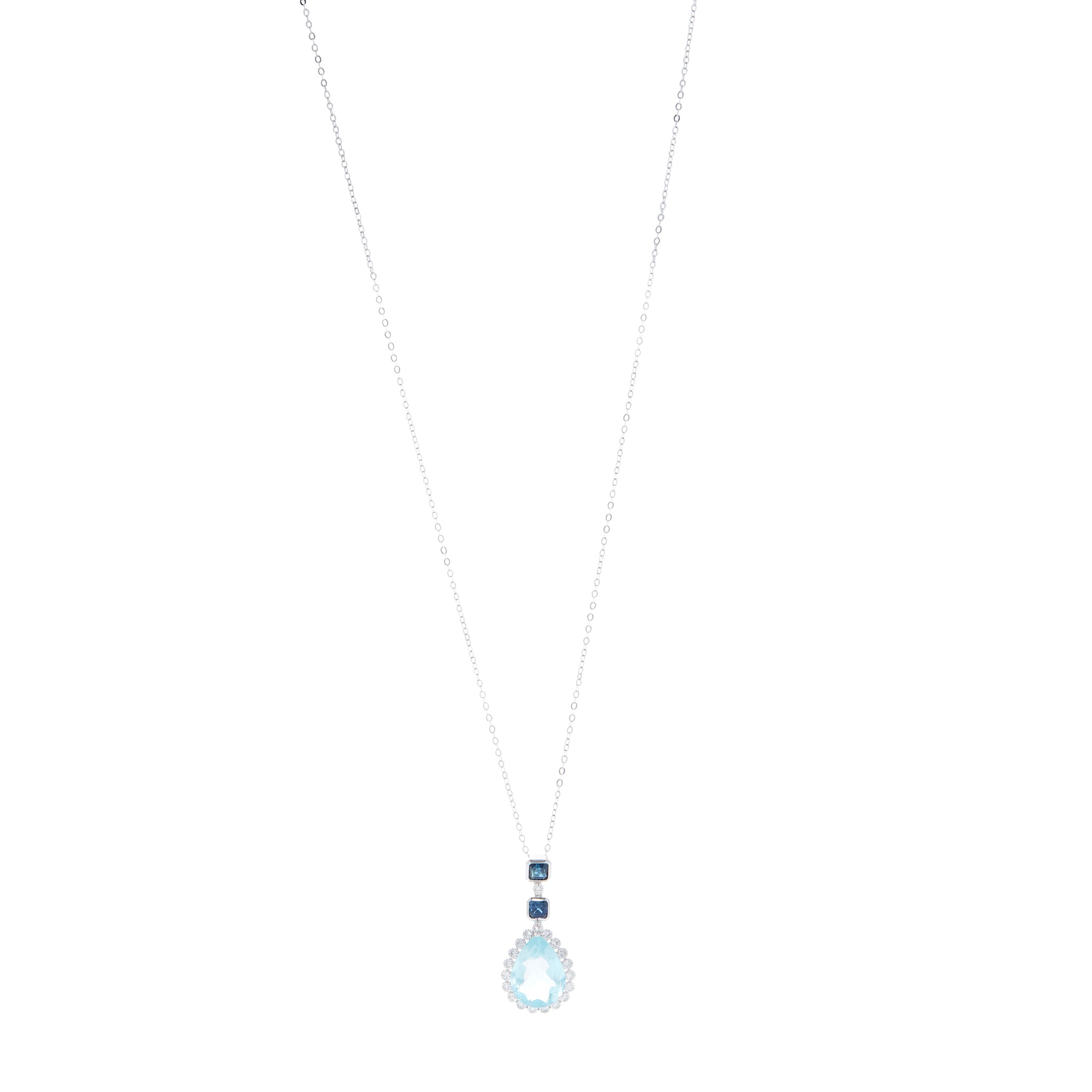 An aquamarine, diamond and sapphire pendant