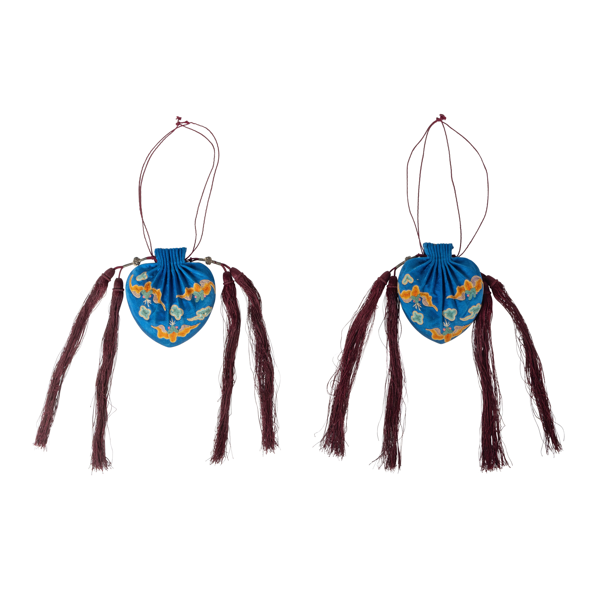 PAIR OF CHINESE CERULEAN-BLUE-GROUND EMBROIDERED 'BATS AND CLOUDS' PURSES