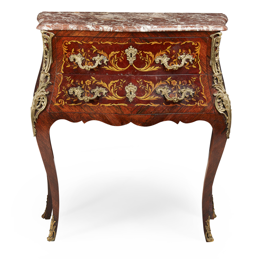 ROSEWOOD AND MARQUETRY MARBLE TOP BOMBE COMMODE
