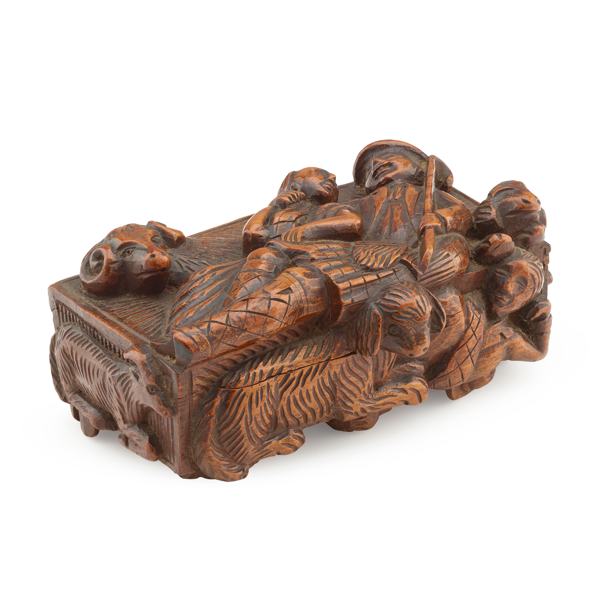 A SCOTTISH CARVED FRUITWOOD 'BLIND MAN' SNUFF BOX