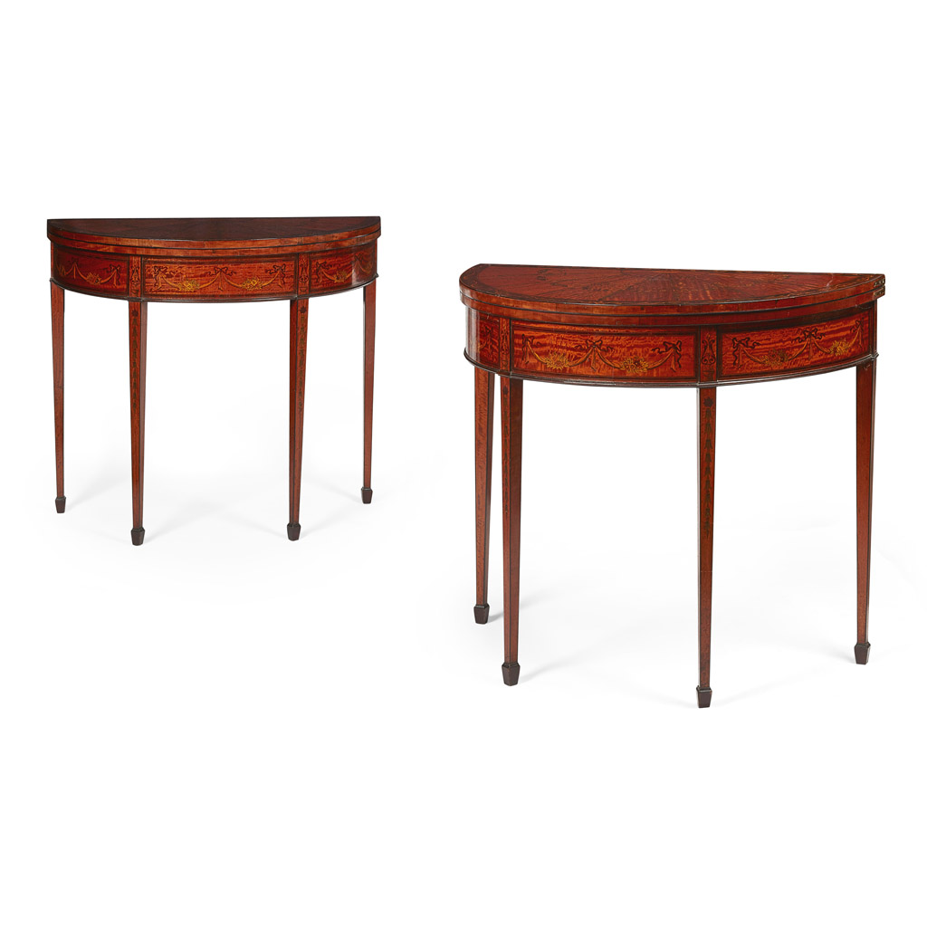 PAIR OF FINE VICTORIAN SATINWOOD INLAID DEMI-LUNE CARD TABLES