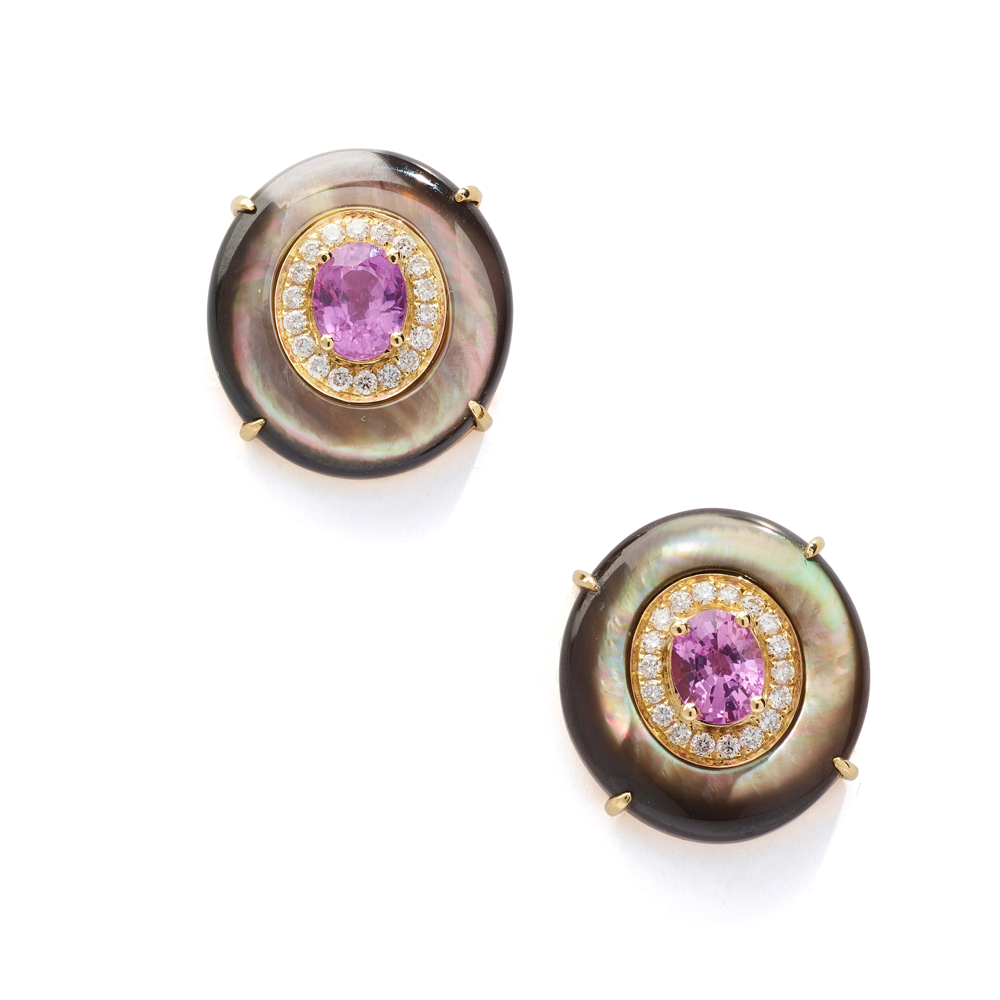 A pair of 18ct gold pink sapphire, mother-of-pearl and diamond earrings