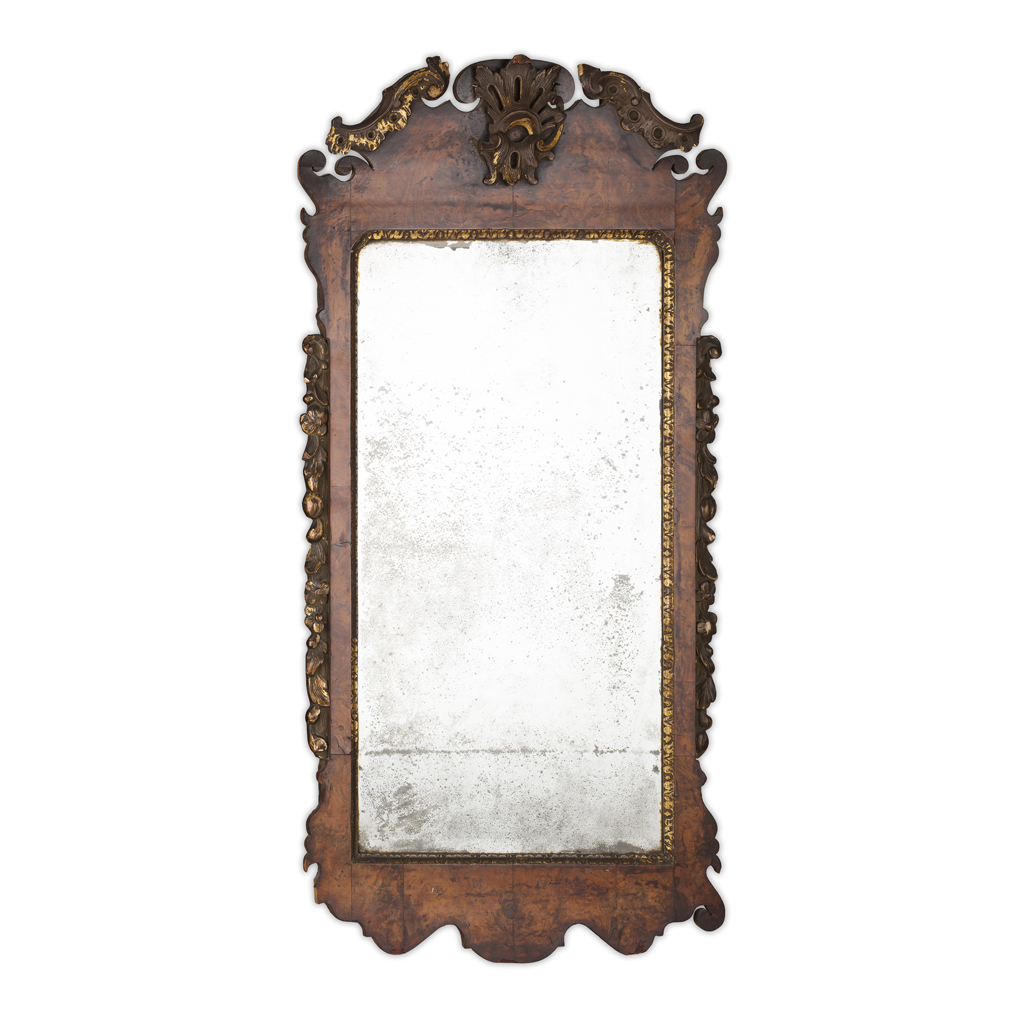 GEORGE II WALNUT AND PARCEL GILT MIRROR