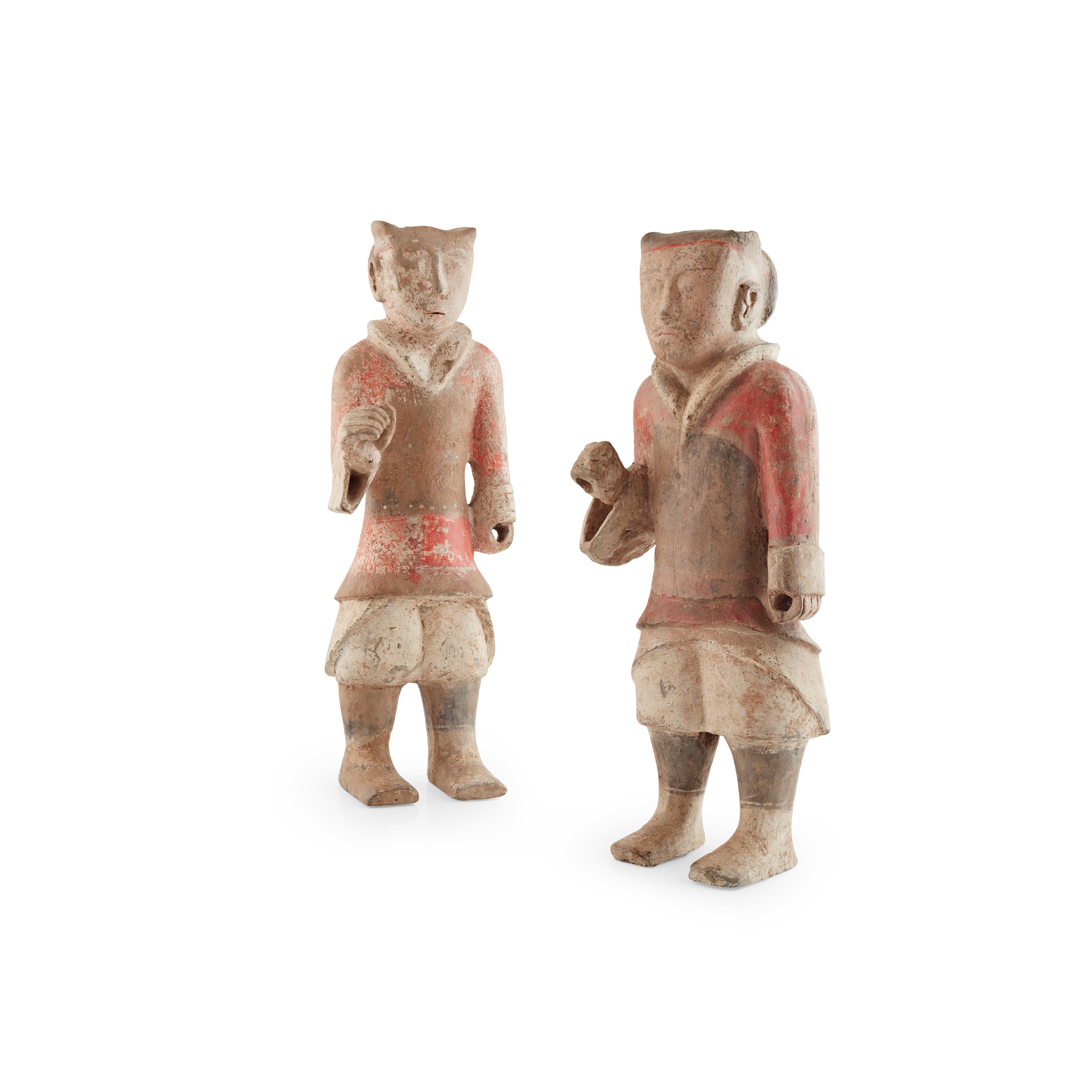 NEAR PAIR OF PAINTED POTTERY FIGURES