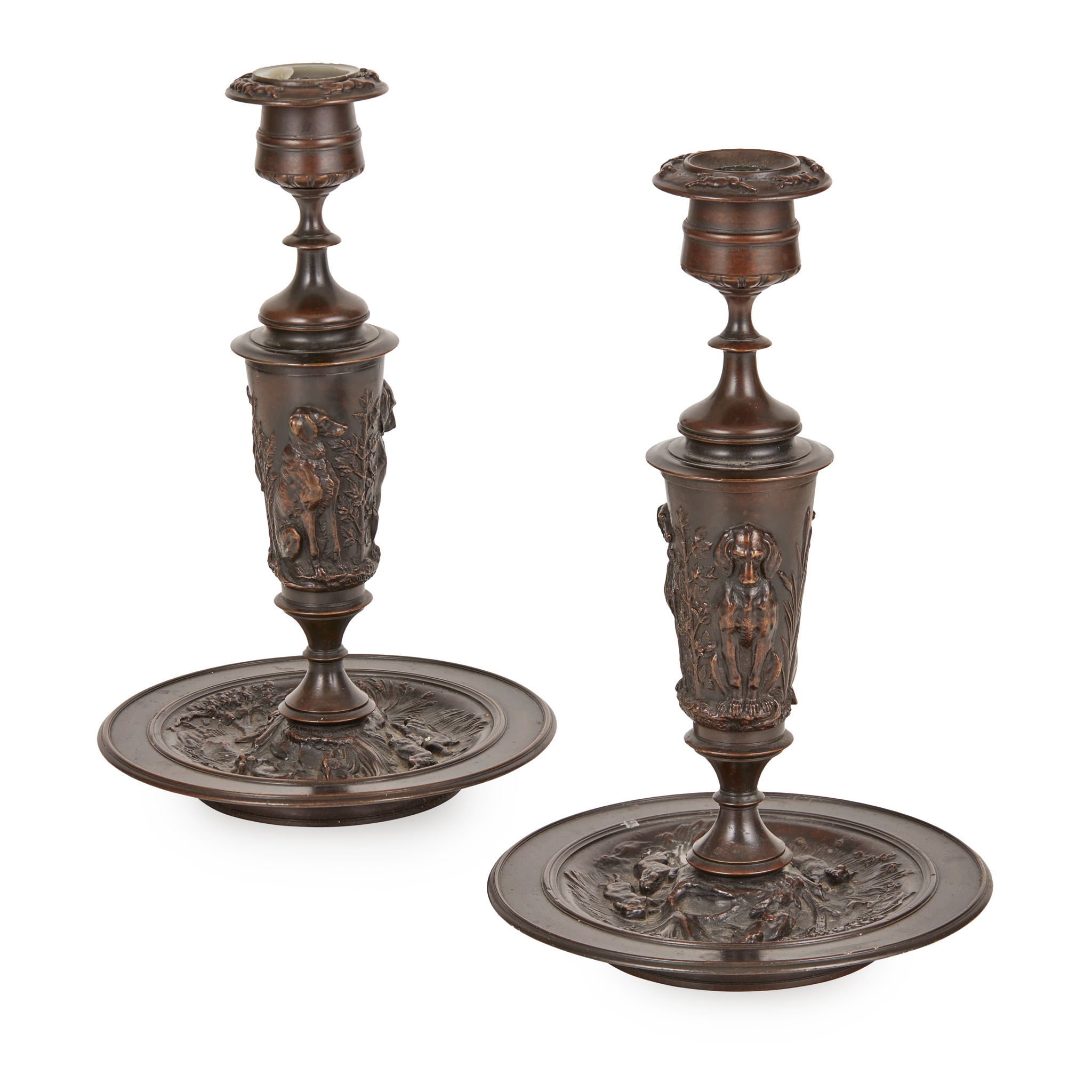PAIR OF FRENCH BRONZE CANDLESTICKS, ATTRIBUTED TO JULES MOIGNIEZ