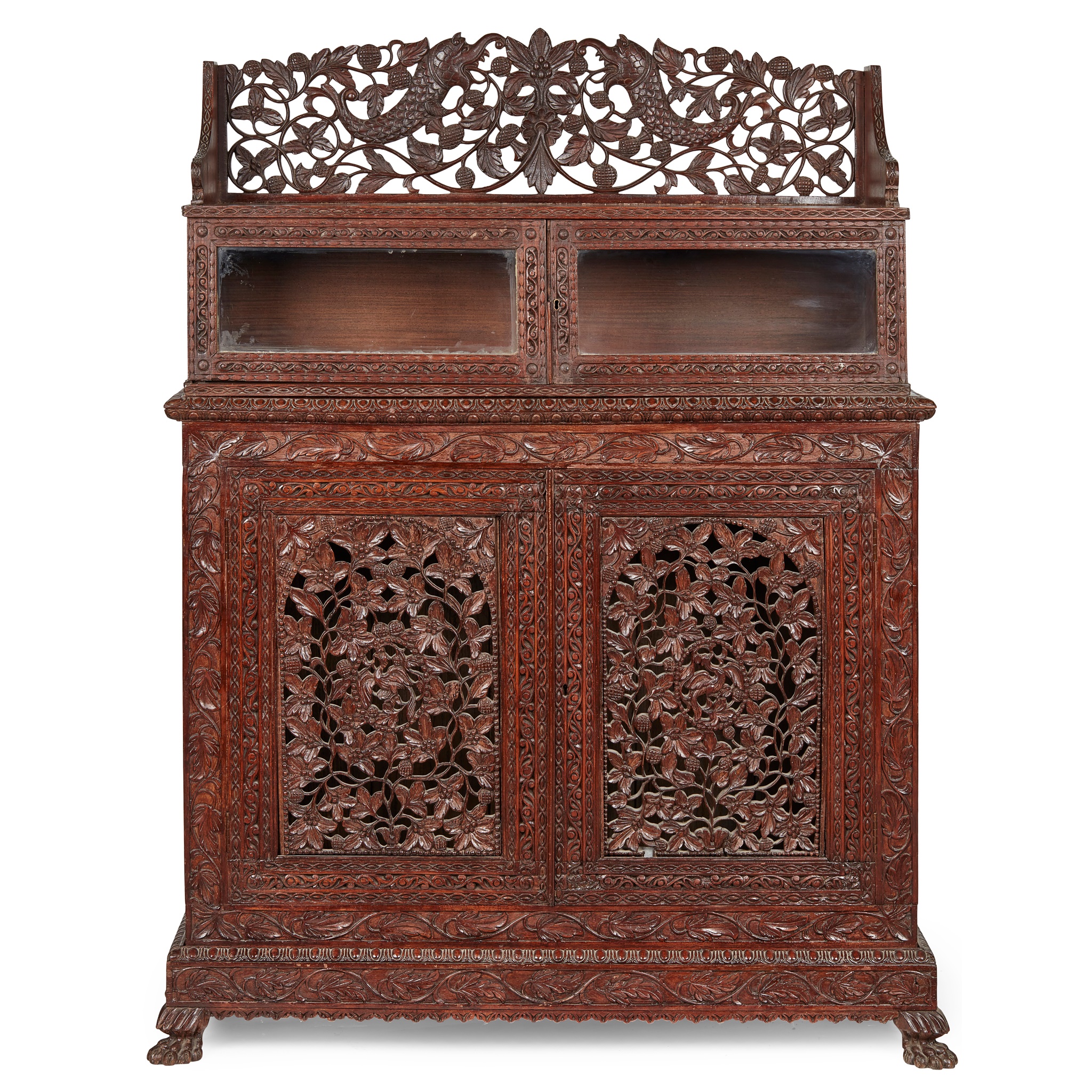 INDIAN CARVED 'BLACKWOOD' SIDE CABINET AND HANGING CUPBOARD, PROBABLY BOMBAY PRESIDENCY