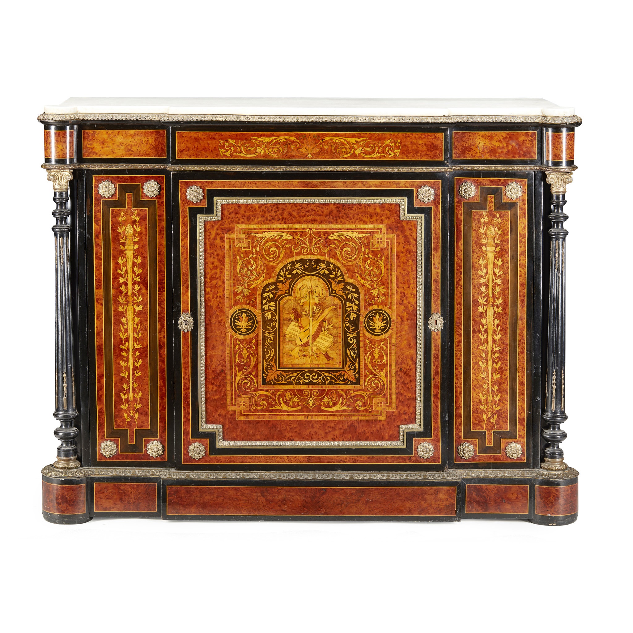 VICTORIAN BURR WALNUT, WALNUT, EBONISED AND MARQUETRY SIDE CABINET