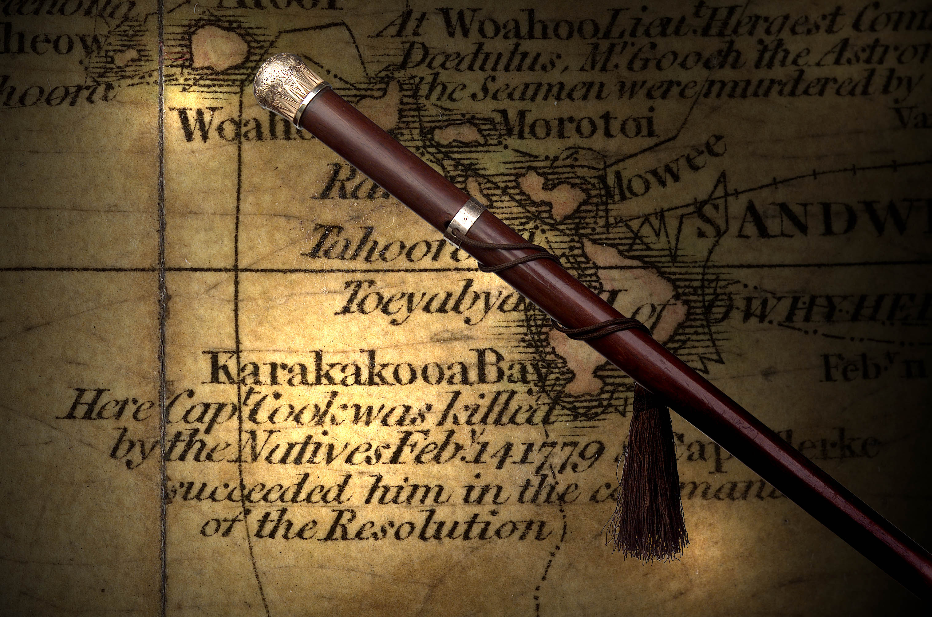 An early 19th century gold mounted hardwood cane, relating to Capt. James Cook