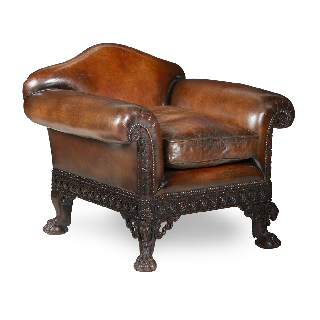 EDWARDIAN LEATHER AND MAHOGANY CLUB ARMCHAIR