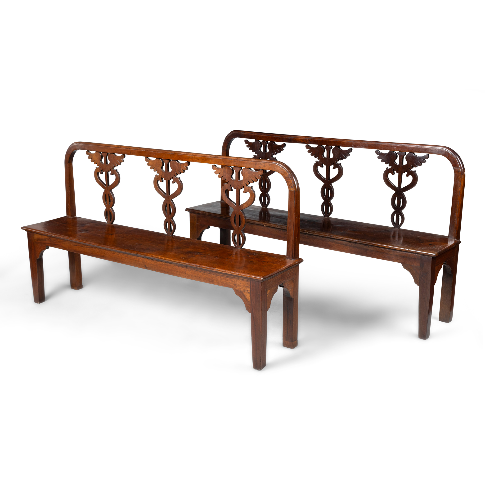 A PAIR OF WALNUT HALL BENCHES