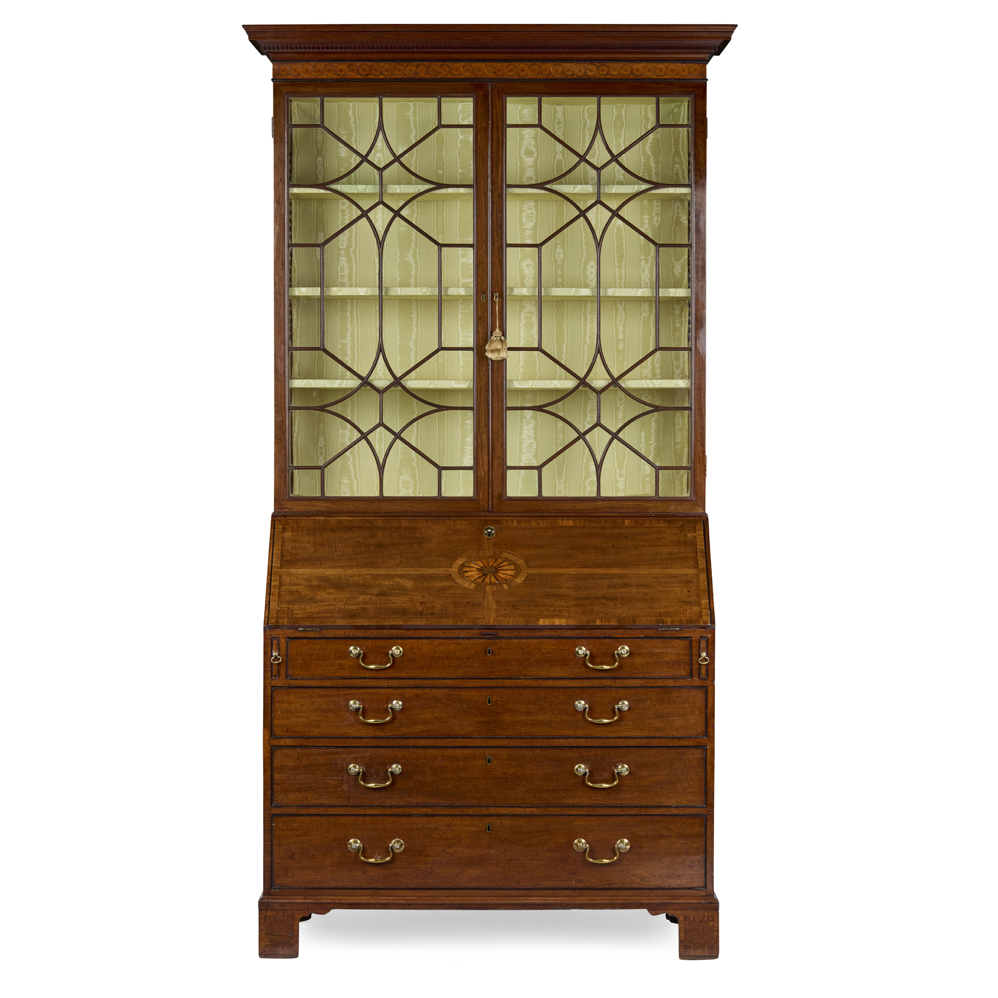 LATE GEORGE III MAHOGANY, SATINWOOD, AND INLAID BUREAU BOOKCASE