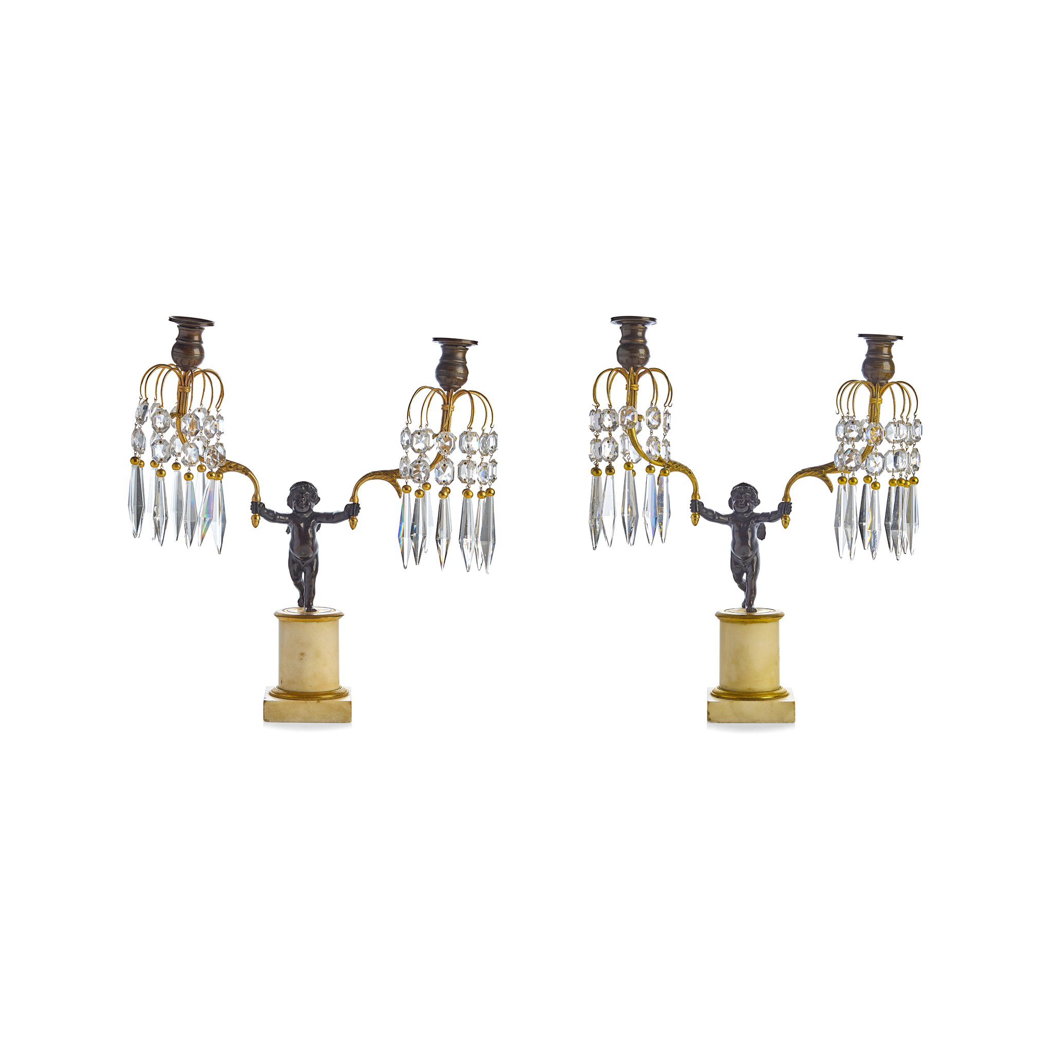 PAIR OF REGENCY GILT AND PATINATED BRONZE, MARBLE, AND GLASS FIGURAL CANDELABRA