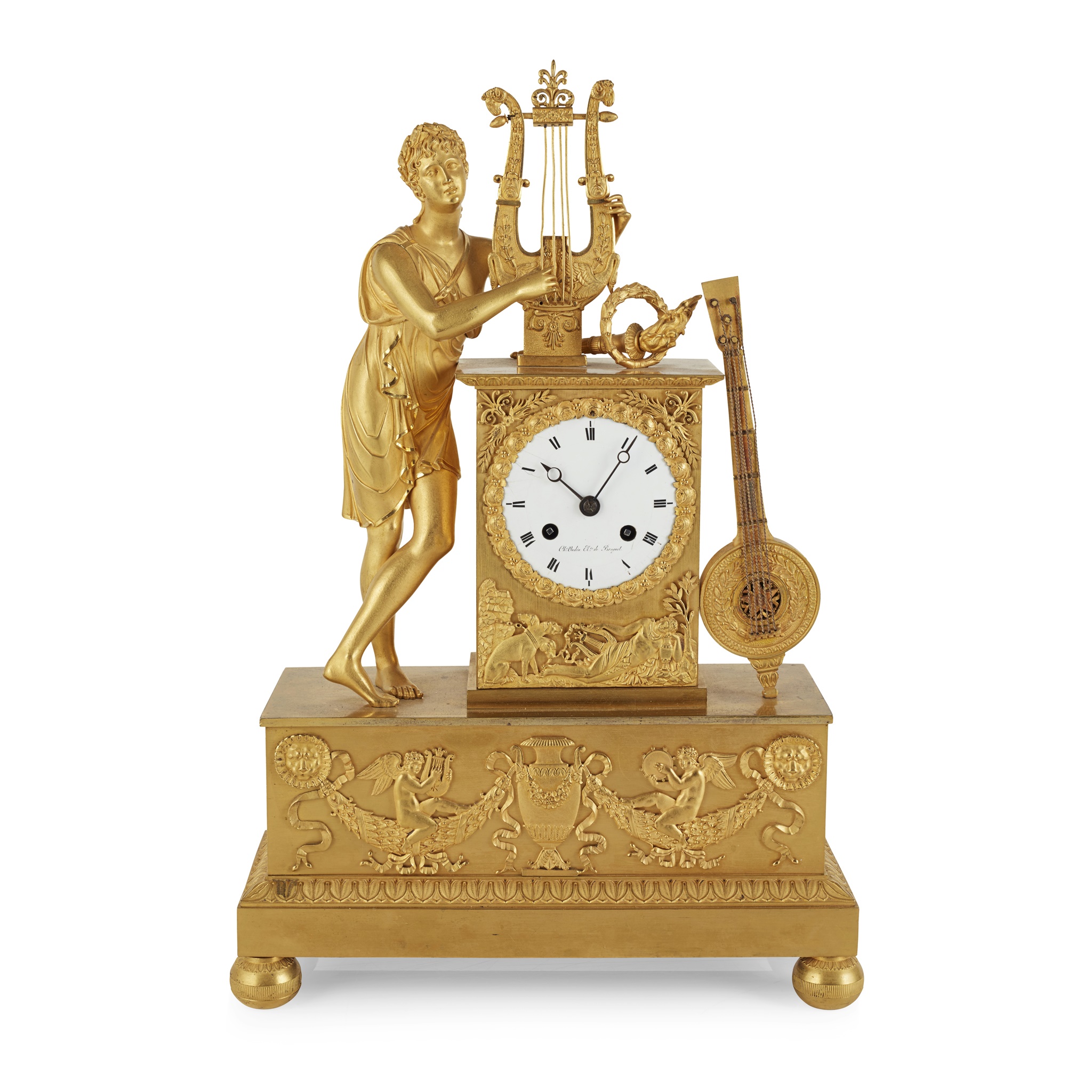 FRENCH EMPIRE SCULPTURAL GILT BRONZE MANTEL CLOCK