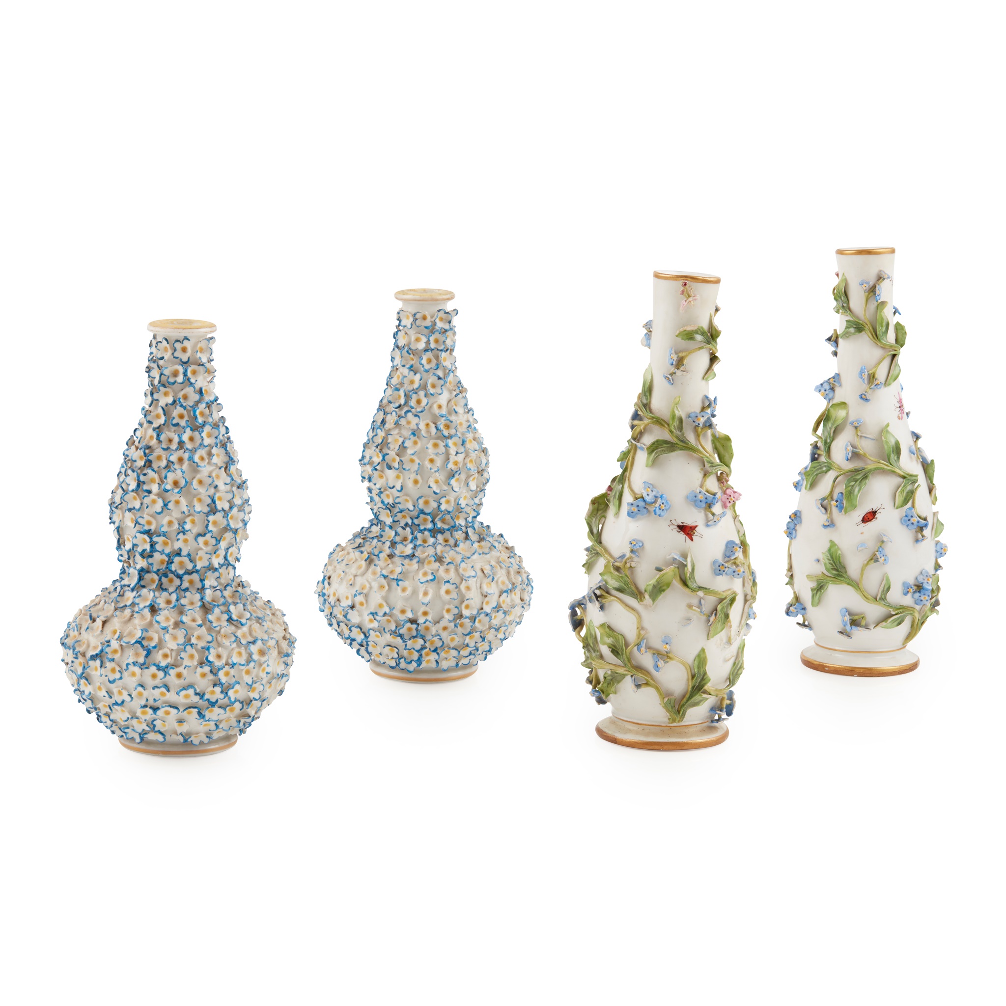 PAIR OF MEISSEN FLORAL ENCRUSTED BOTTLE VASES