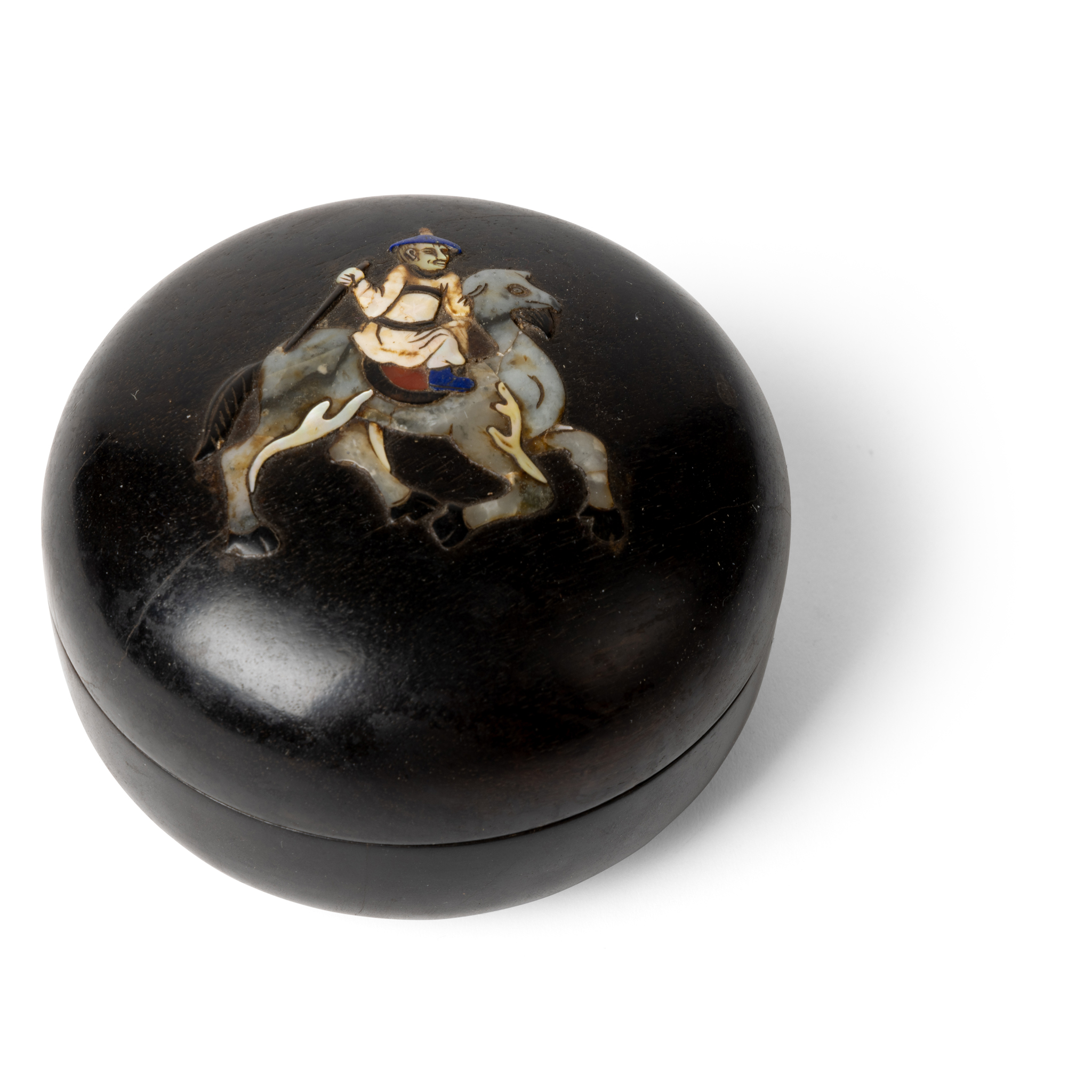 CHINESE JADE AND HARDSTONE-INLAID ZITAN CIRCULAR BOX WITH COVER