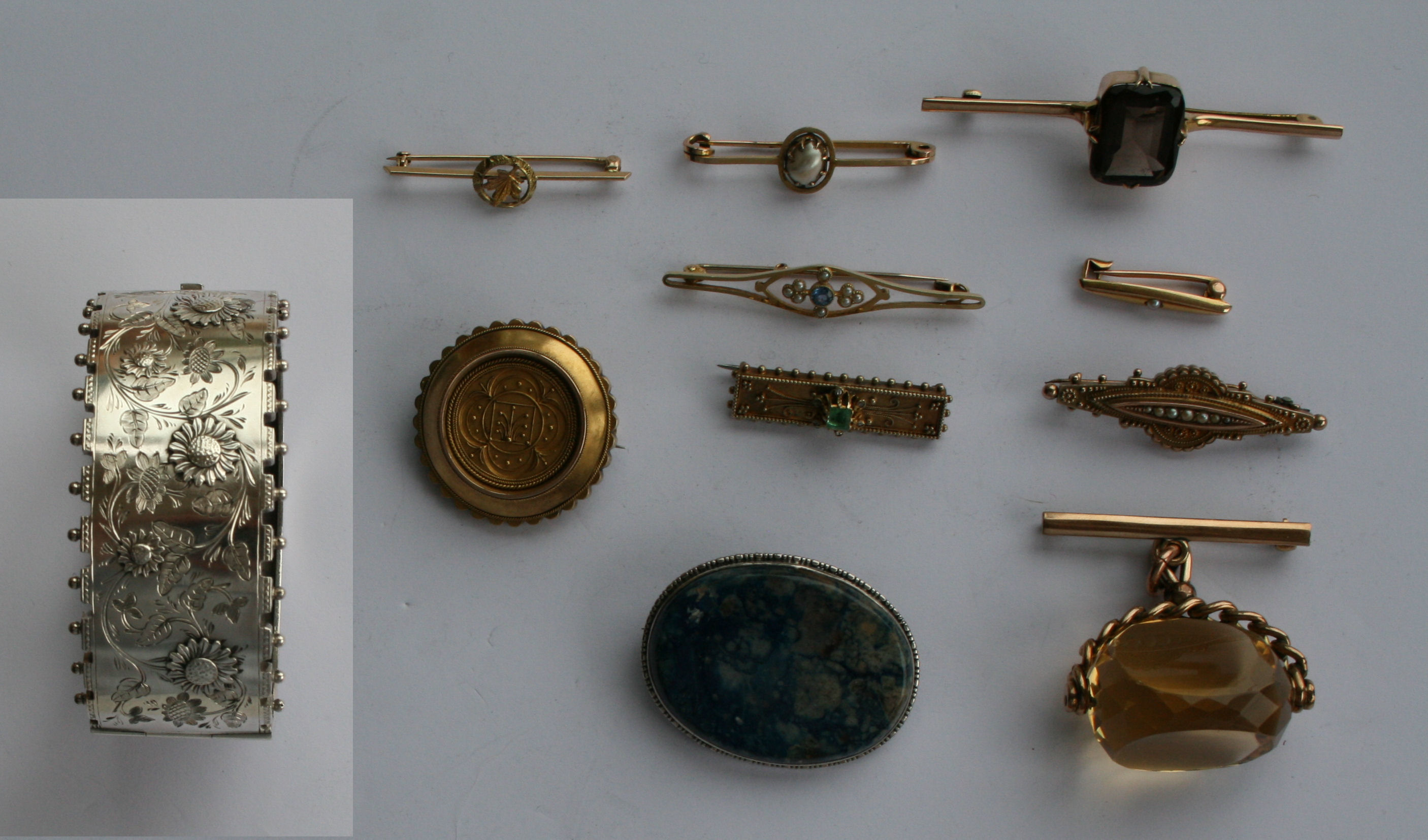 A group of Victorian and other brooches including a blister pearl brooch