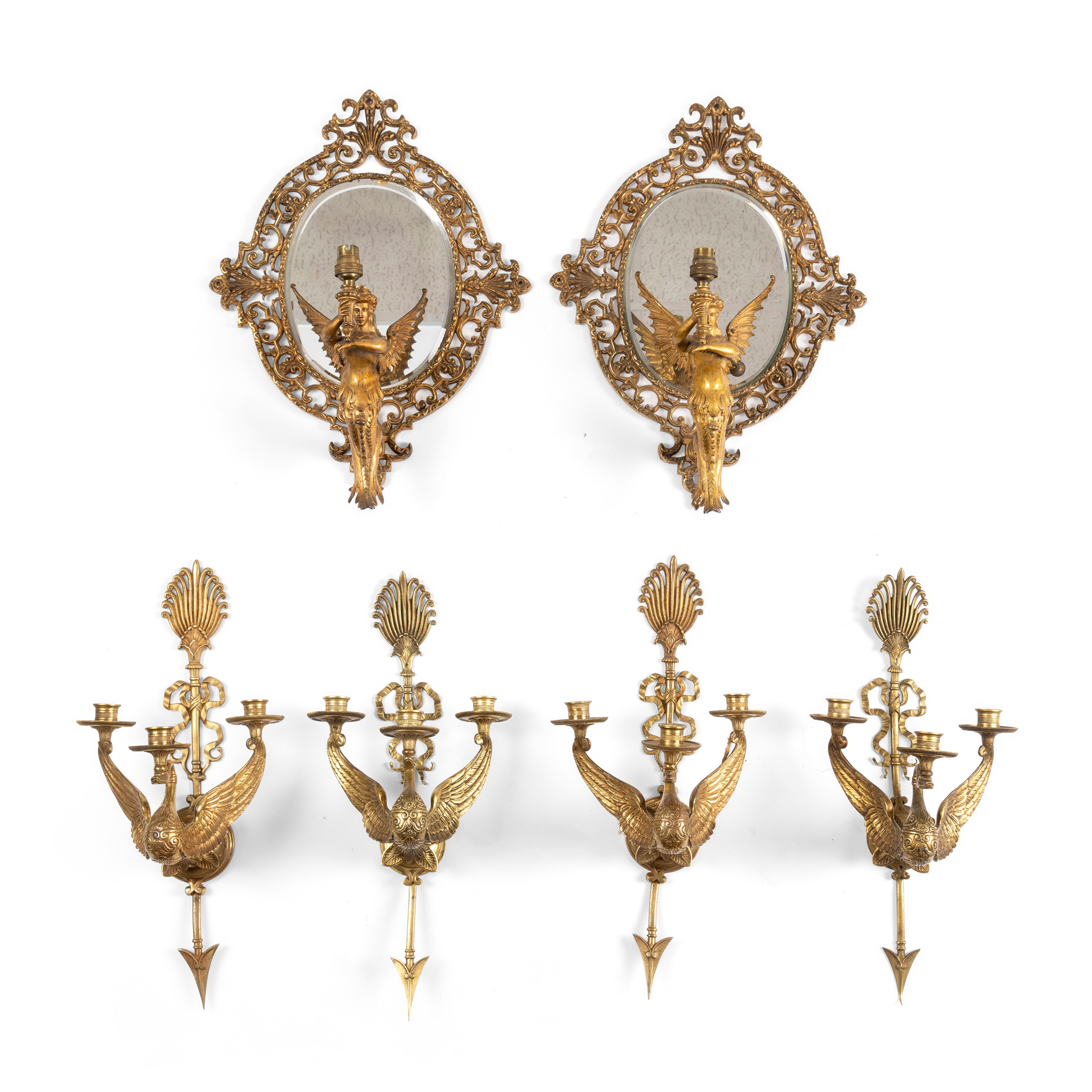 A SET OF FOUR GILT METAL WALL LIGHTS