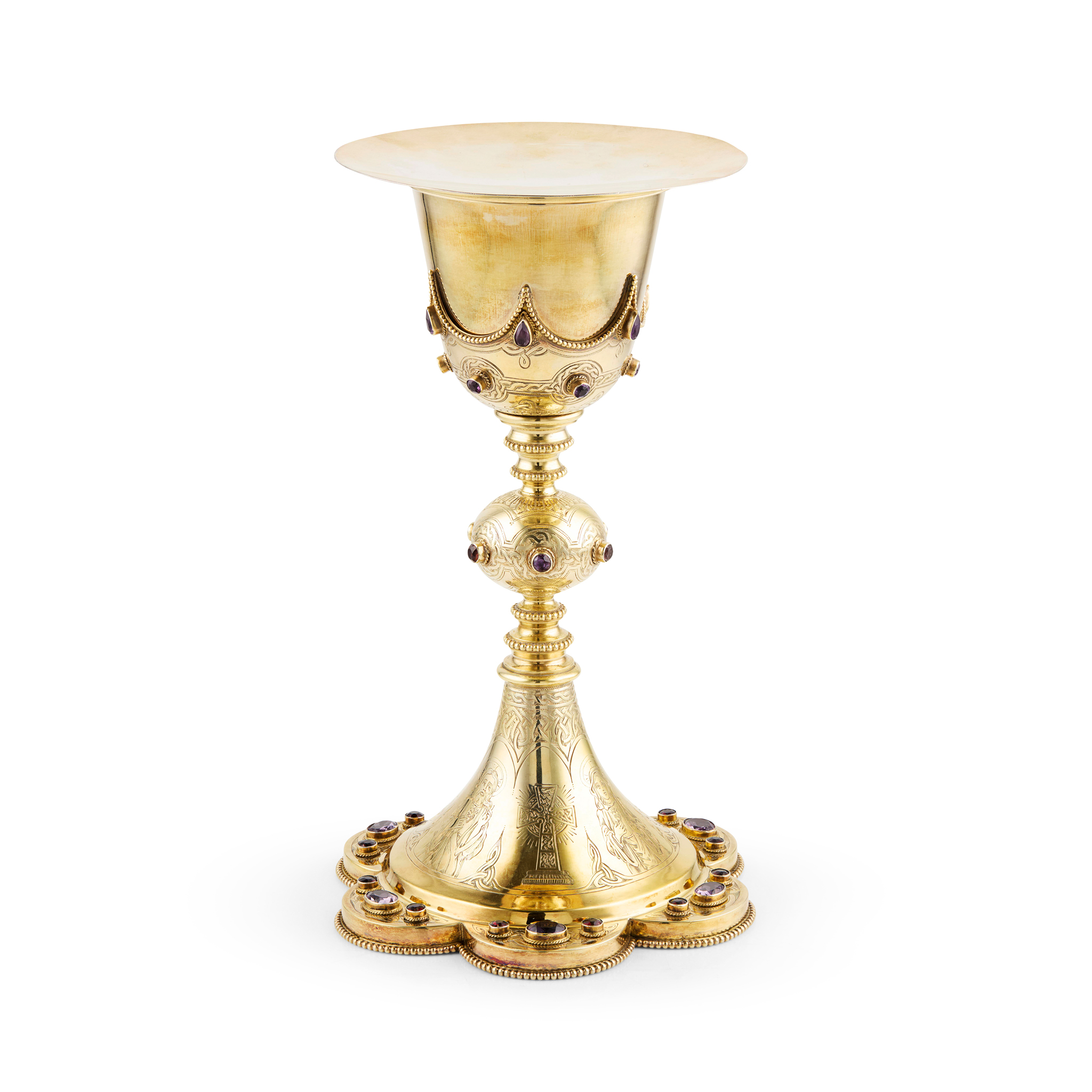 A 1920s IRISH SILVER-GILT AND GEM SET COMMUNION CUP AND ASSOCIATED FRENCH SILVER-GILT PATTEN