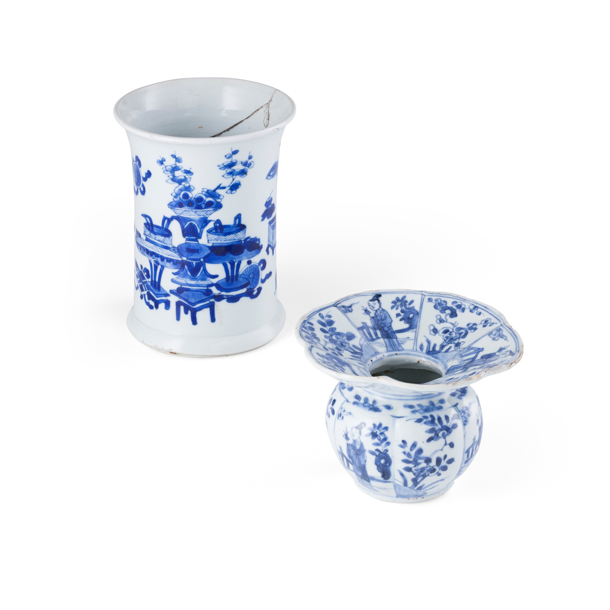 BLUE AND WHITE BRUSH POT AND FLOWER POT