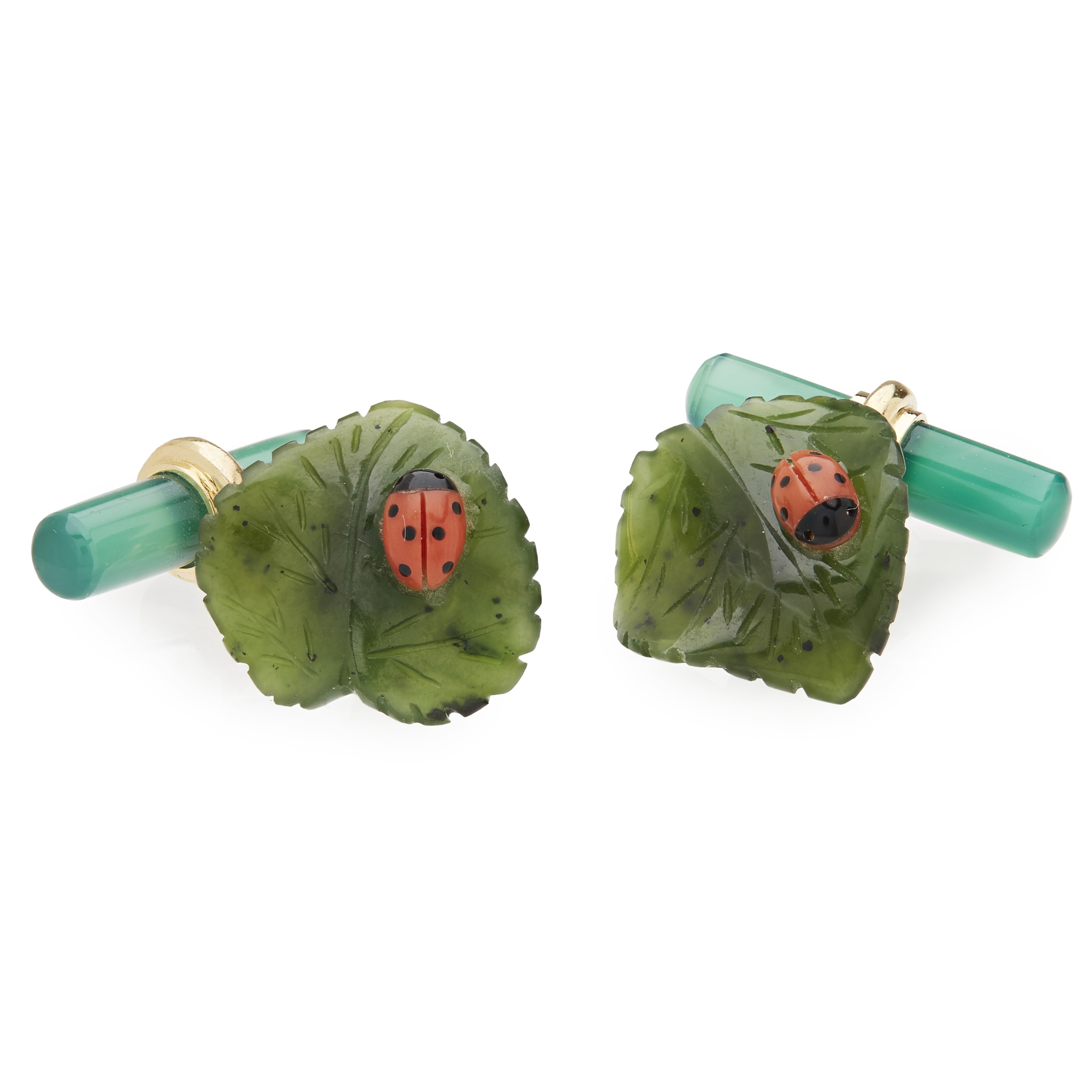A pair of jade and coral set cufflinks
