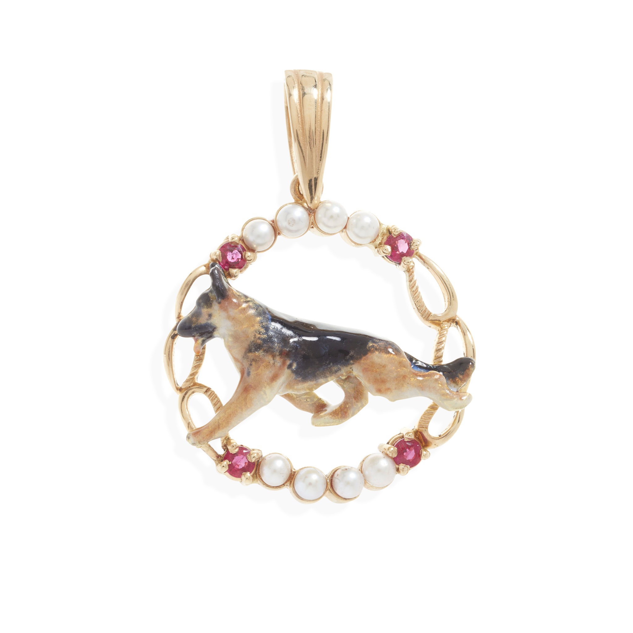 A ruby, pearl and enamel 'German Shepherd' pendant