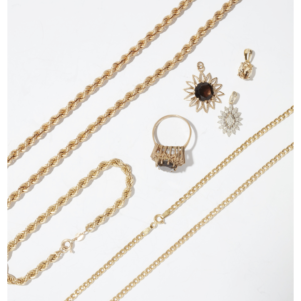 A collection of gold and gem set jewellery