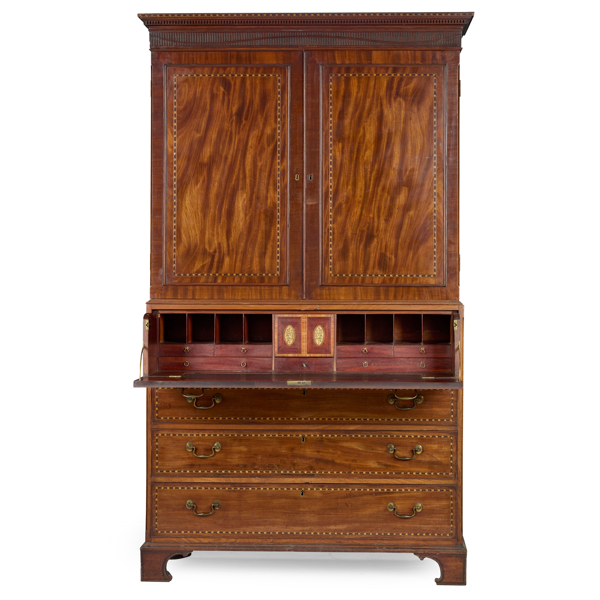 LATE GEORGE III MAHOGANY AND FEATHERBANDED SECRETAIRE LINEN PRESS