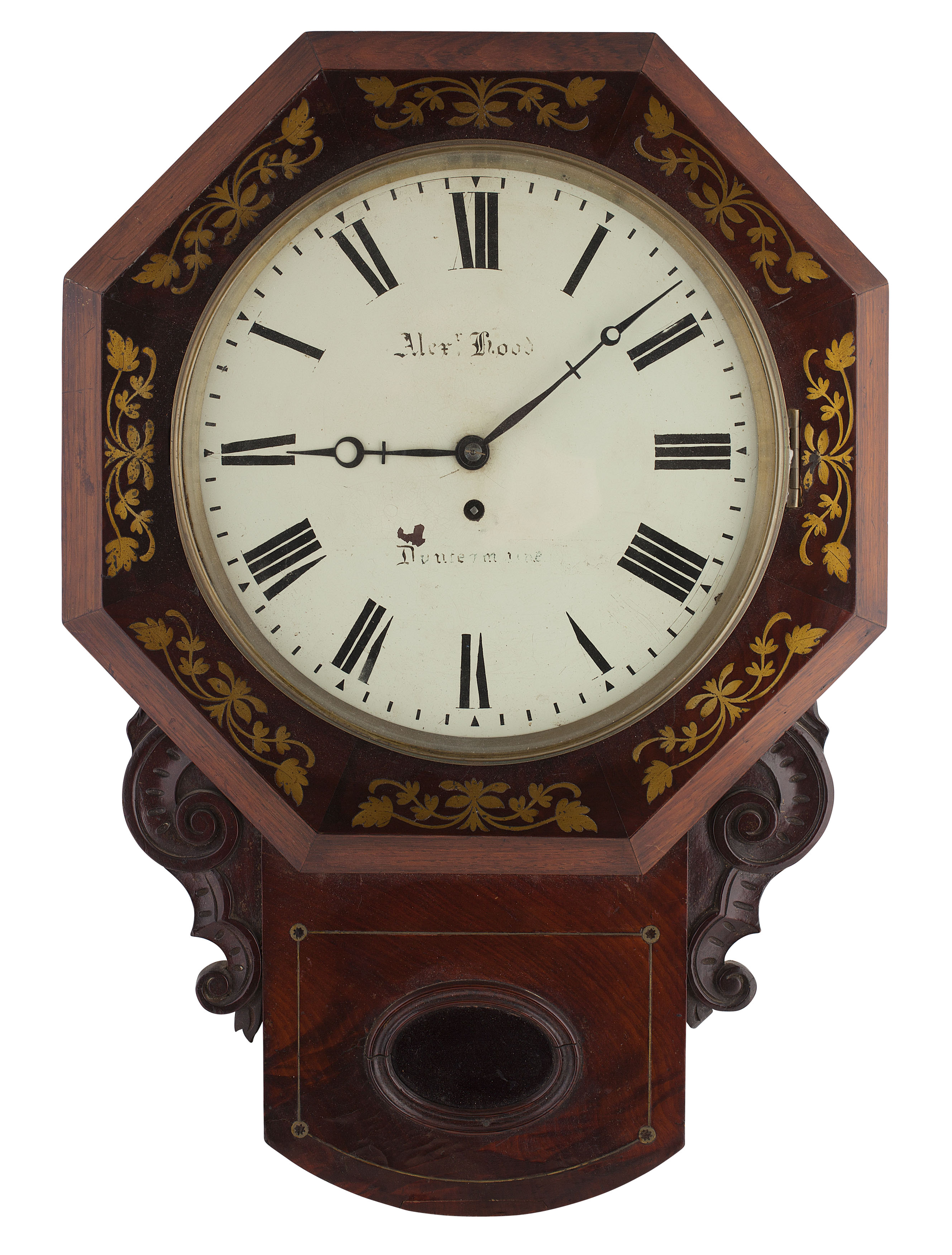 SCOTTISH REGENCY MAHOGANY AND BRASS INLAID WALL CLOCK BY ALEXANDER HOOD, DUMFERMLINE