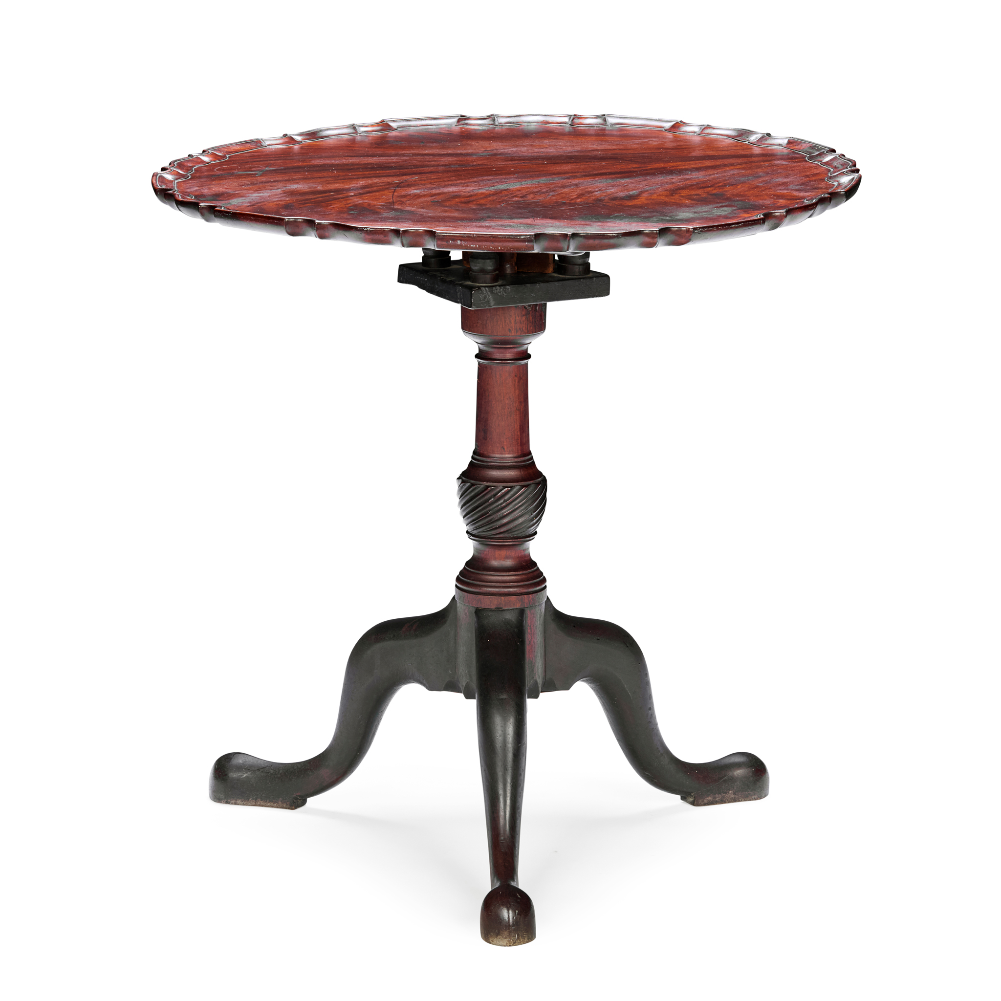 EARLY GEORGE III MAHOGANY PIECRUST BIRDCAGE TEA TABLE