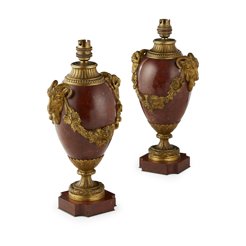 PAIR OF FRENCH GILT BRONZE MOUNTED MARBLE URNS
