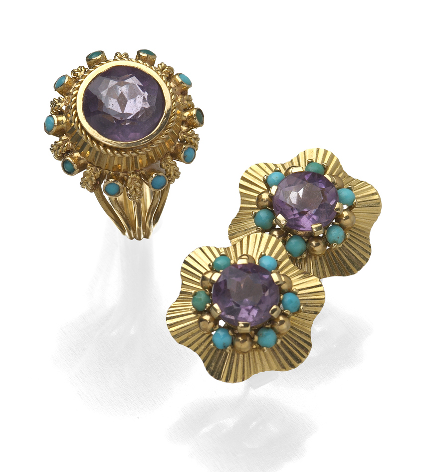 A 1960's amethyst and turquoise set suite,