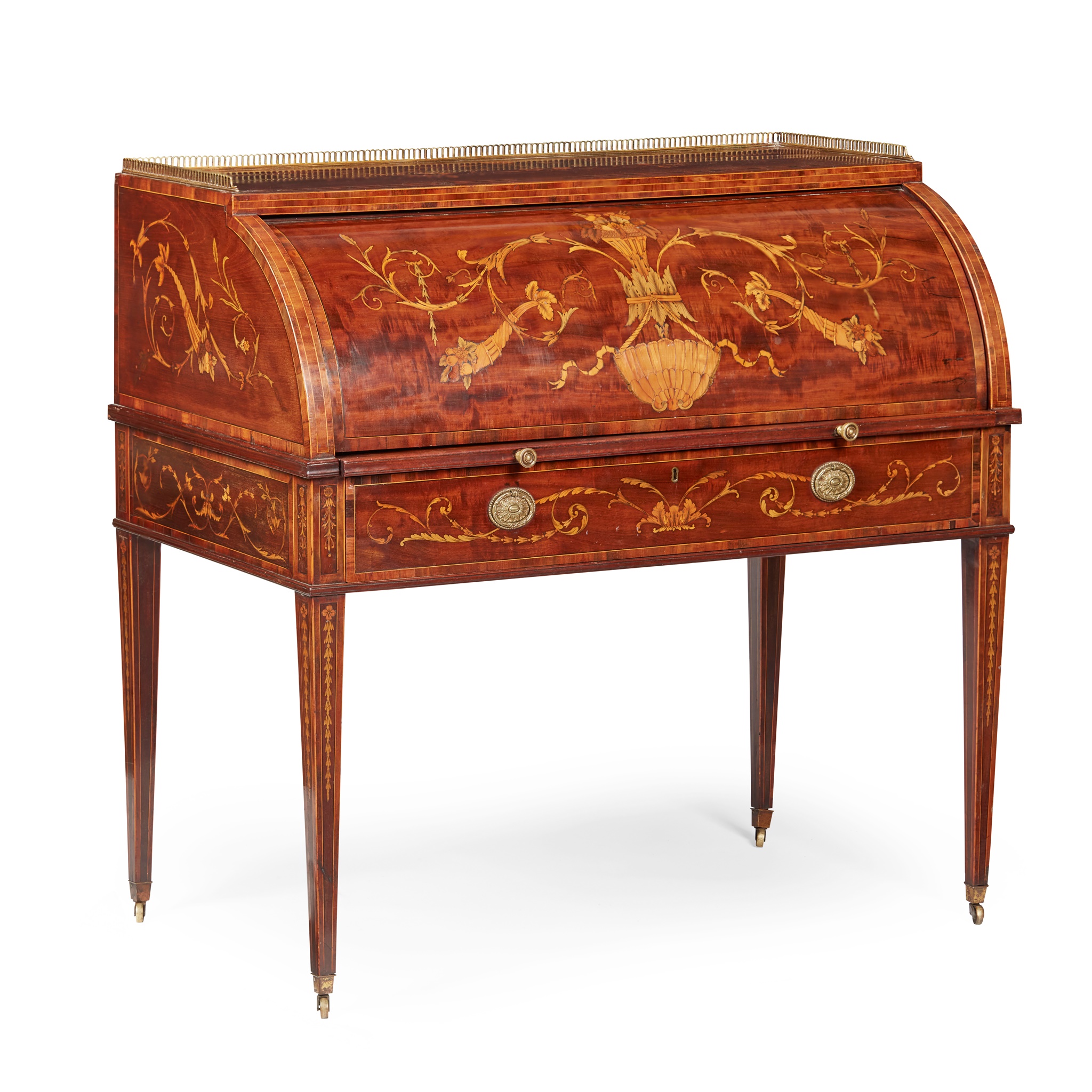 LATE GEORGE III MAHOGANY, GONCALO ALVES, MARQUETRY AND PENWORK CYLINDER BUREAU