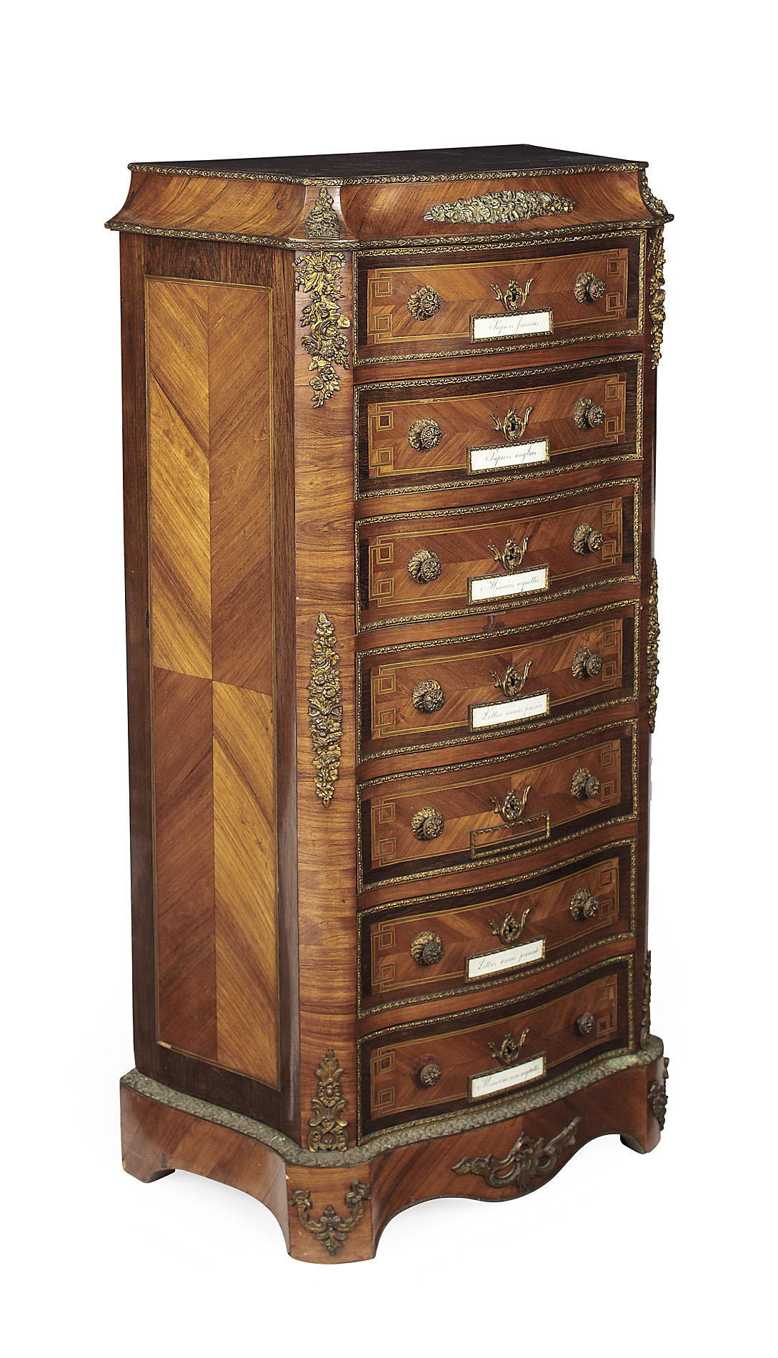 LOUIS XV STYLE KINGWOOD AND TULIPWOOD CROSSBANDED GILT METAL MOUNTED CARTONNIER