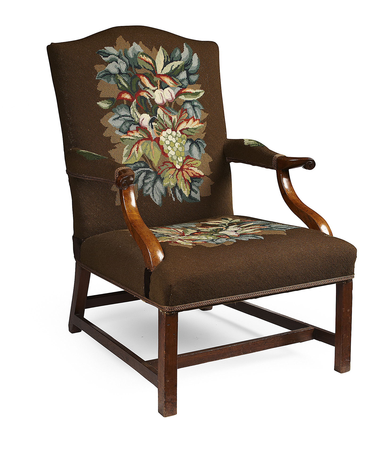 GEORGE III MAHOGANY FRAMED AND UPHOLSTERED GAINSBOROUGH ARMCHAIR