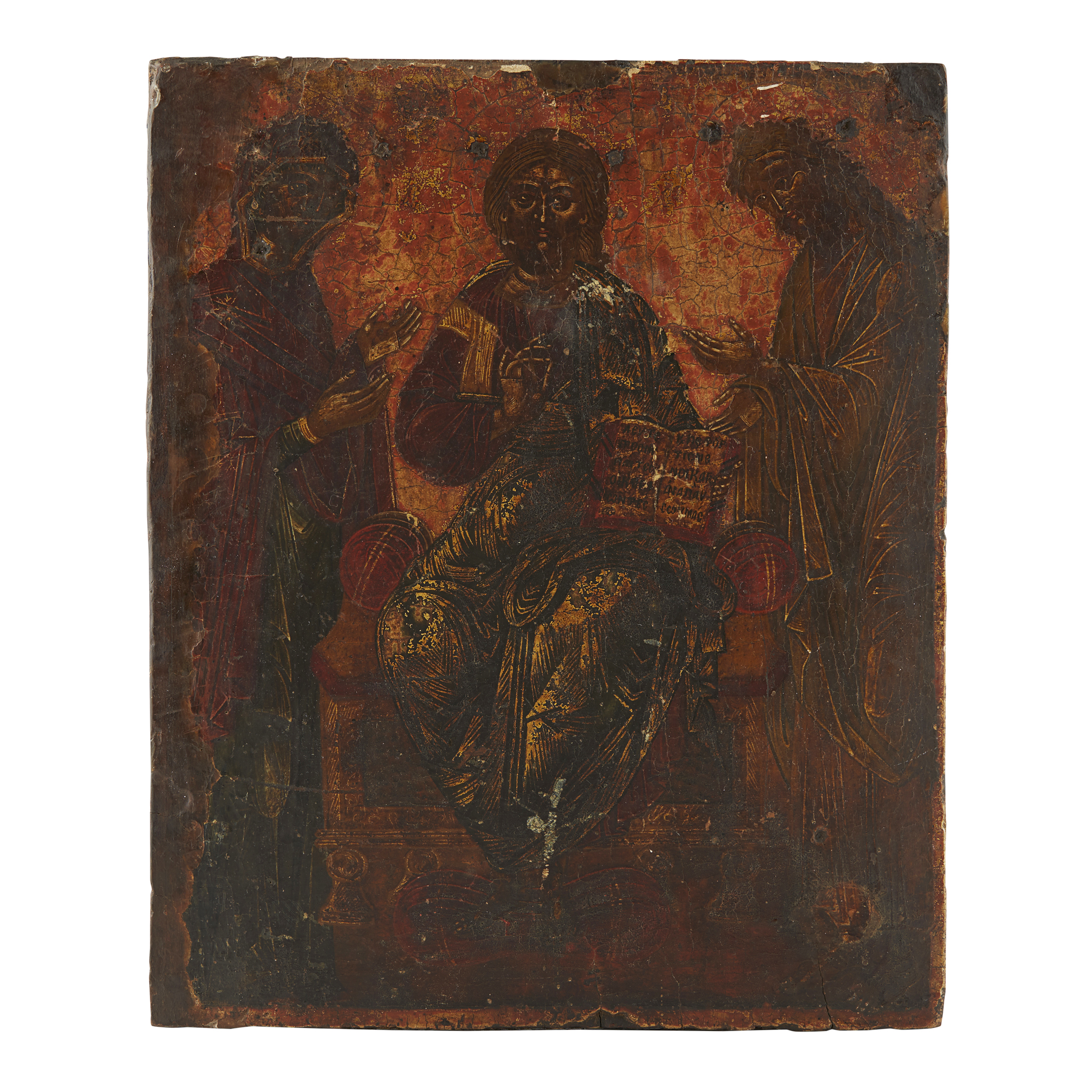 EASTERN ORTHODOX ICON, WITH CHRIST ENTHRONED WITH THE VIRGIN MARY AND JOHN AND BAPTIST