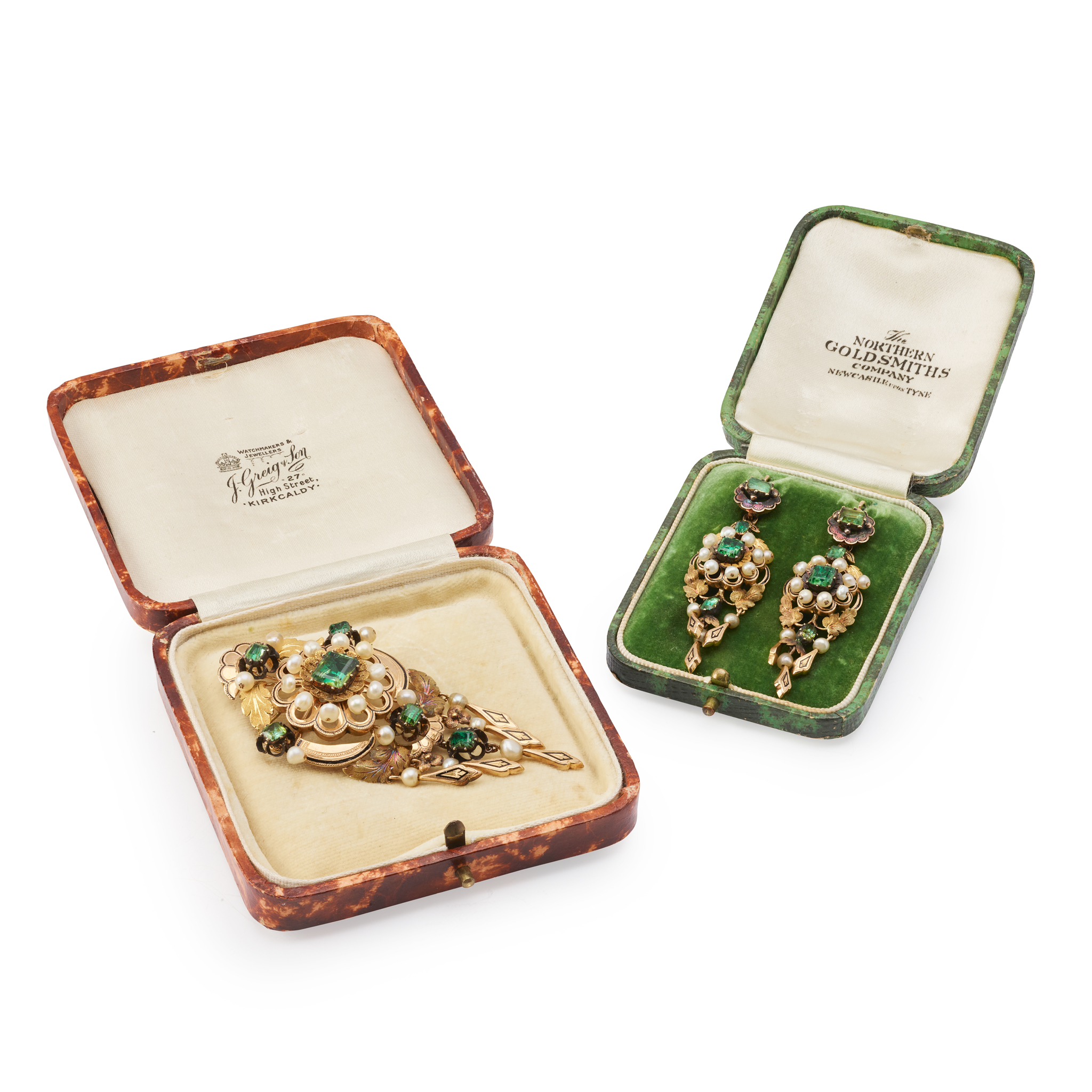 A Victorian tourmaline and pearl pendant with matching earrings, circa 1870