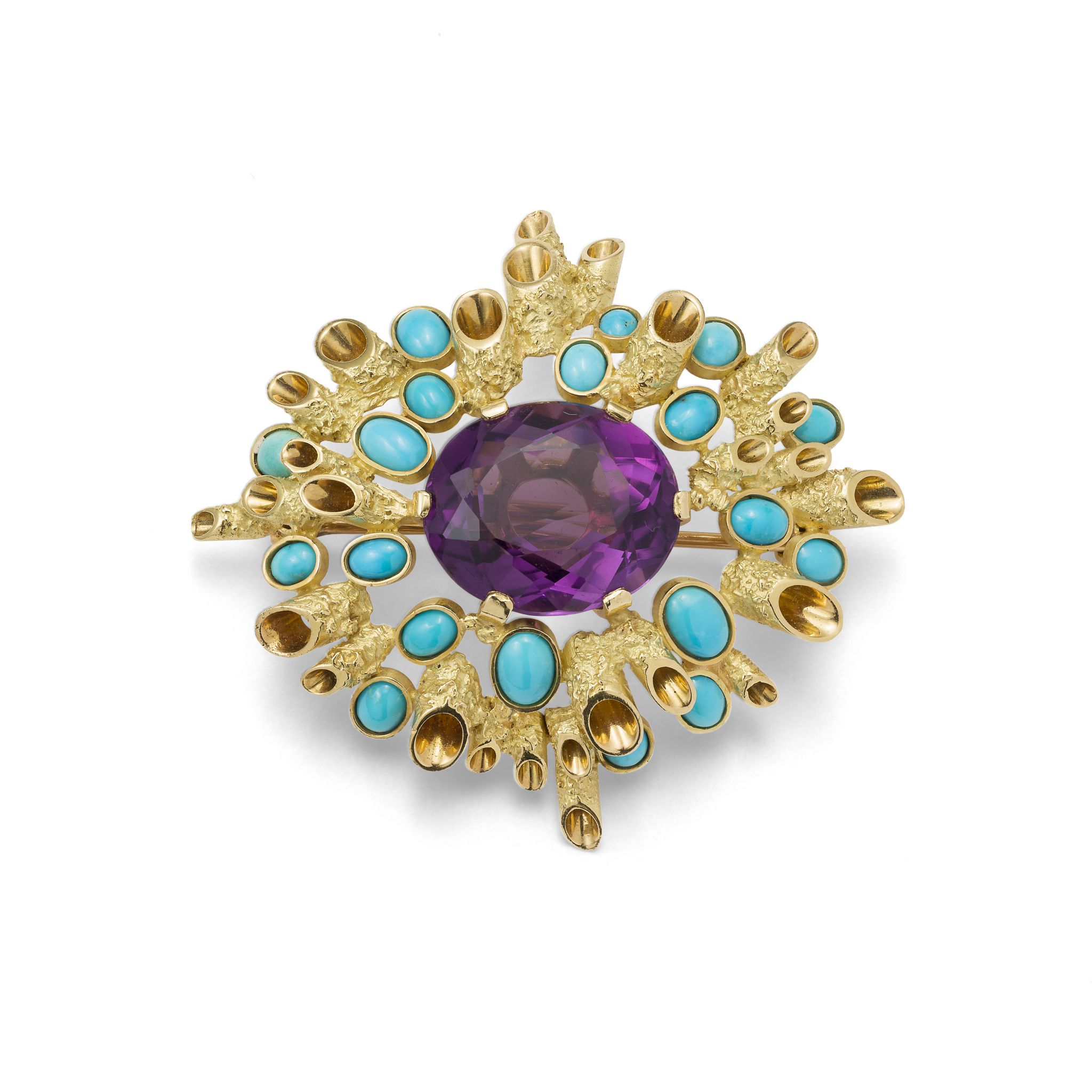 An amethyst and turquoise brooch, by John Donald, 1965