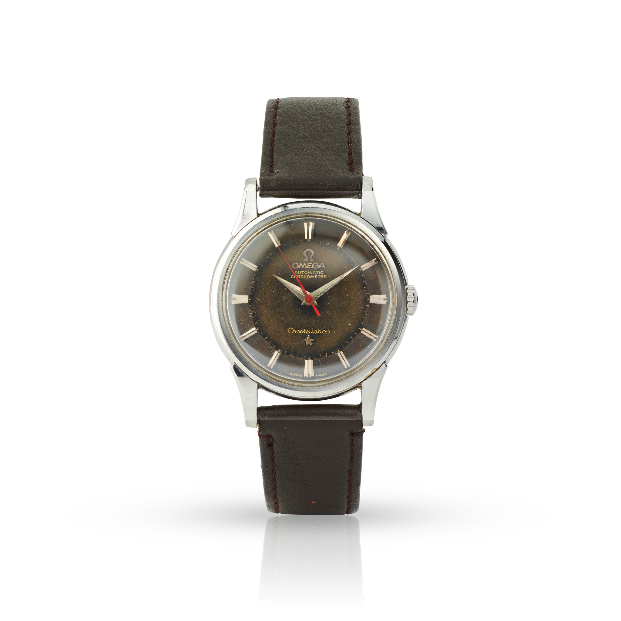 Omega. An unusual stainless steel self-winding wristwatch with tropical dial