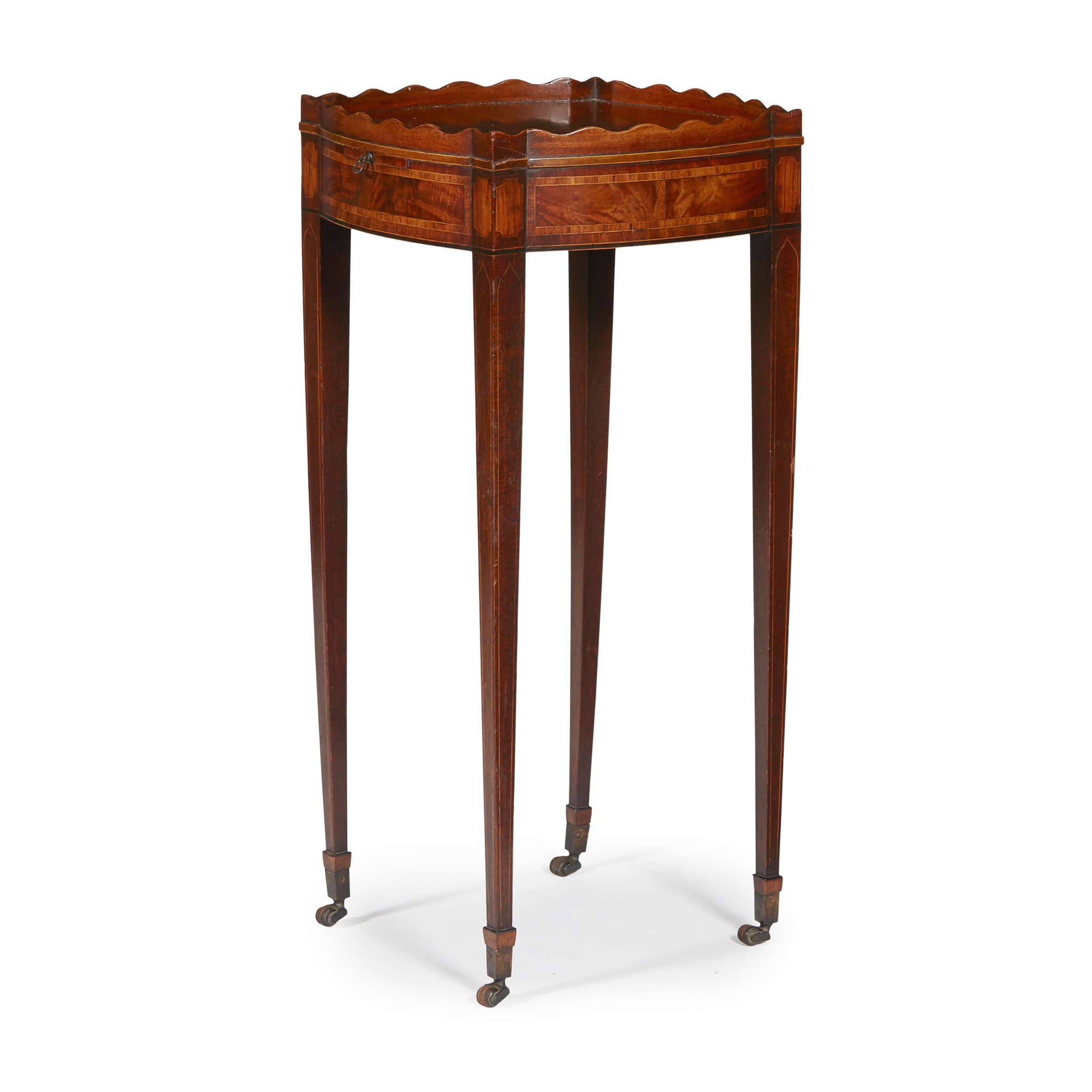 LATE GEORGE III MAHOGANY AND HAREWOOD URN STAND