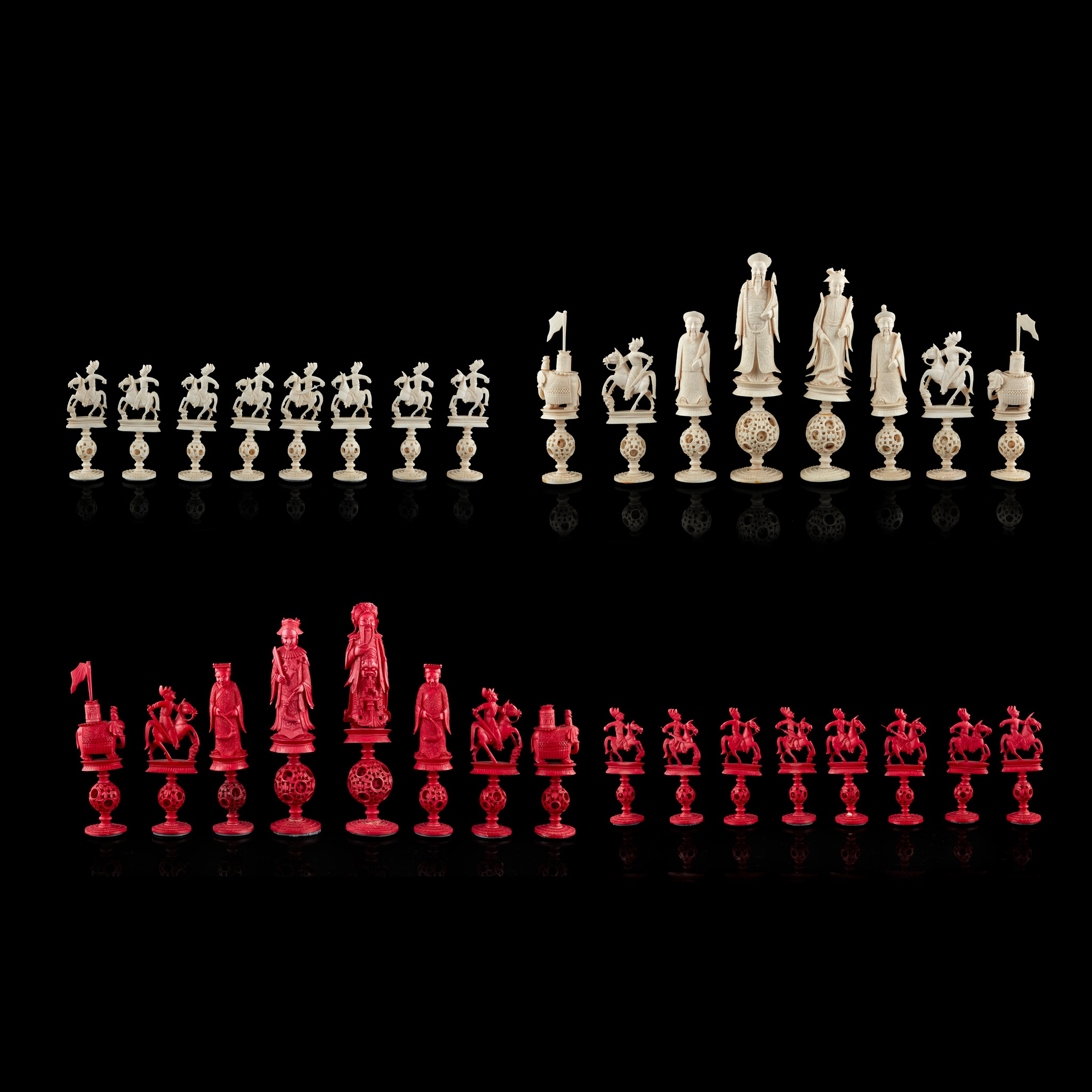 CARVED IVORY PUZZLE-BALL CHESS SET