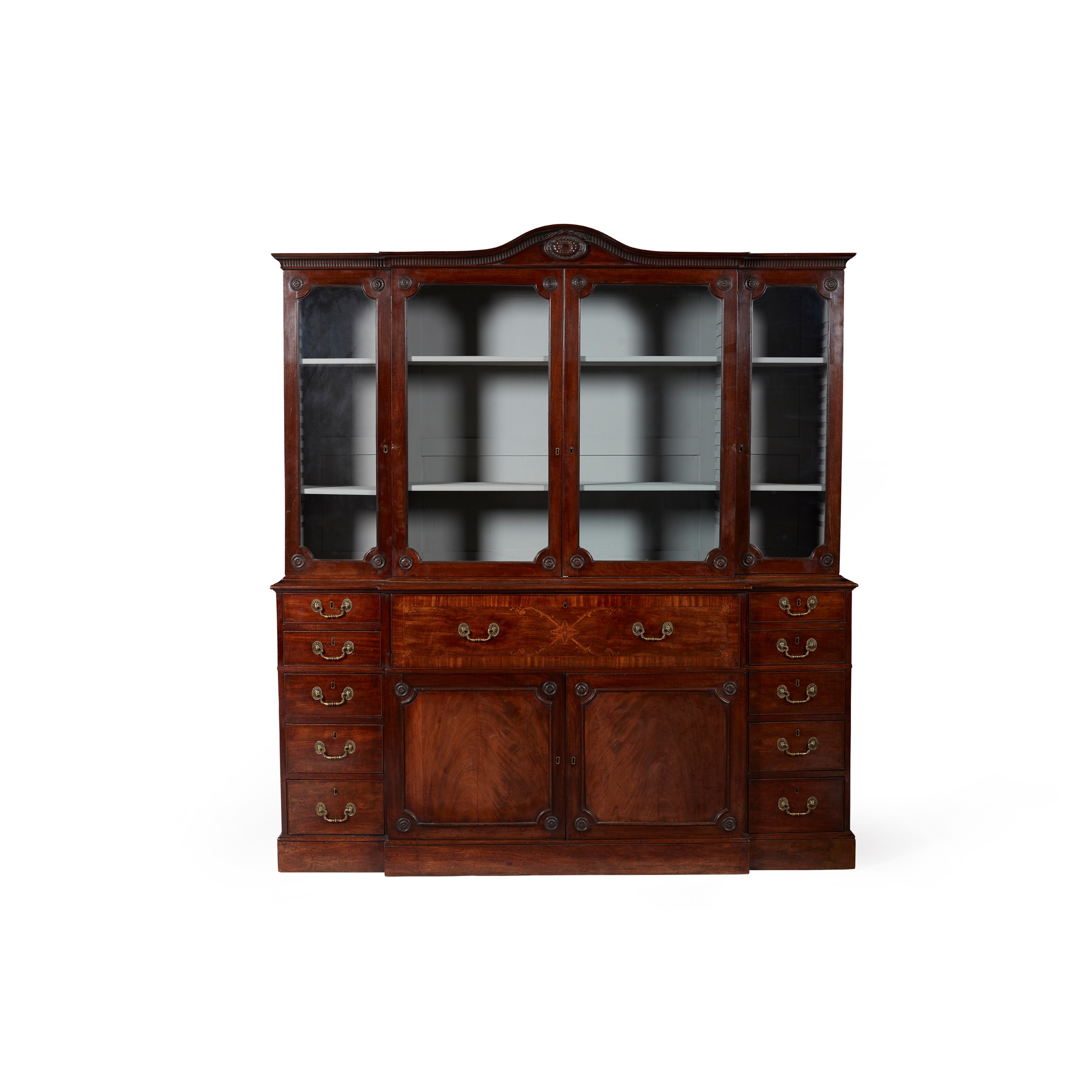 GEORGE III MAHOGANY AND INLAID BREAKFRONT SECRETAIRE BOOKCASE