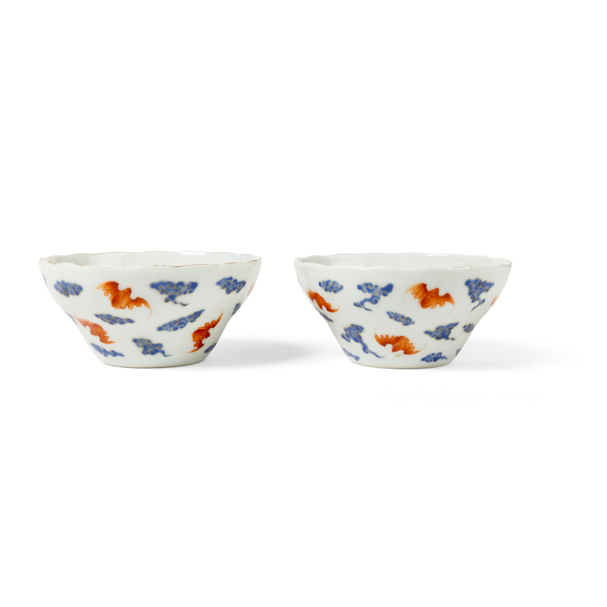 TWO CHINESE BLUE-ENAMELLED AND IRON-RED-DECORATED 'BAT AND CLOUD' CUPS