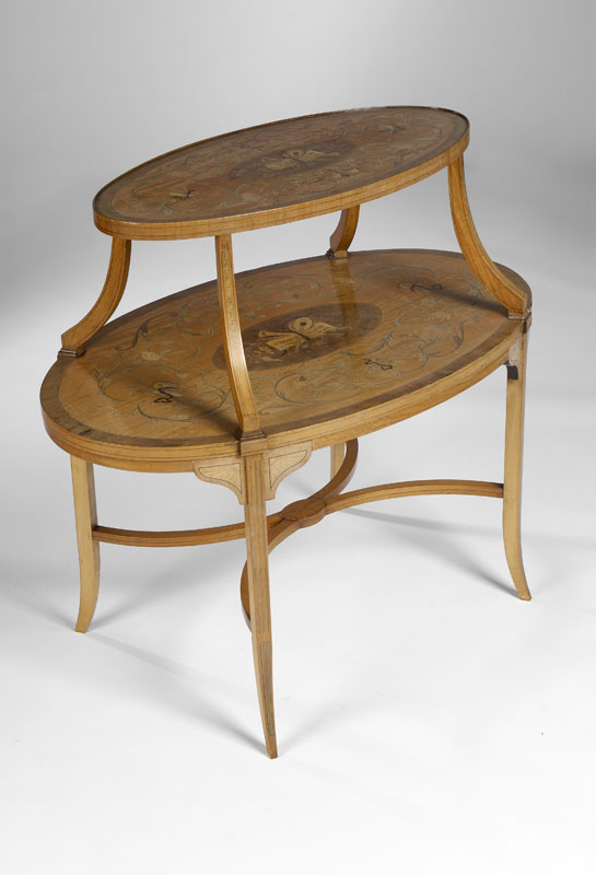 An Edwardian period satinwood and marquetry etagere In the Sheraton style