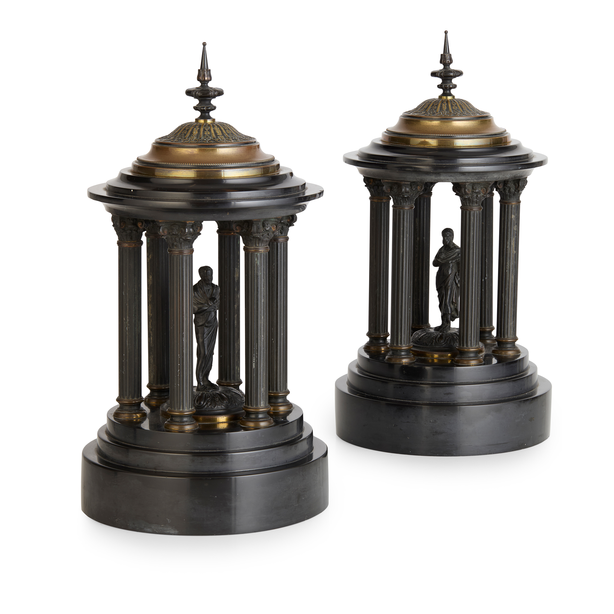 PAIR OF FRENCH BLACK MARBLE AND BRONZE TEMPLE MODELS