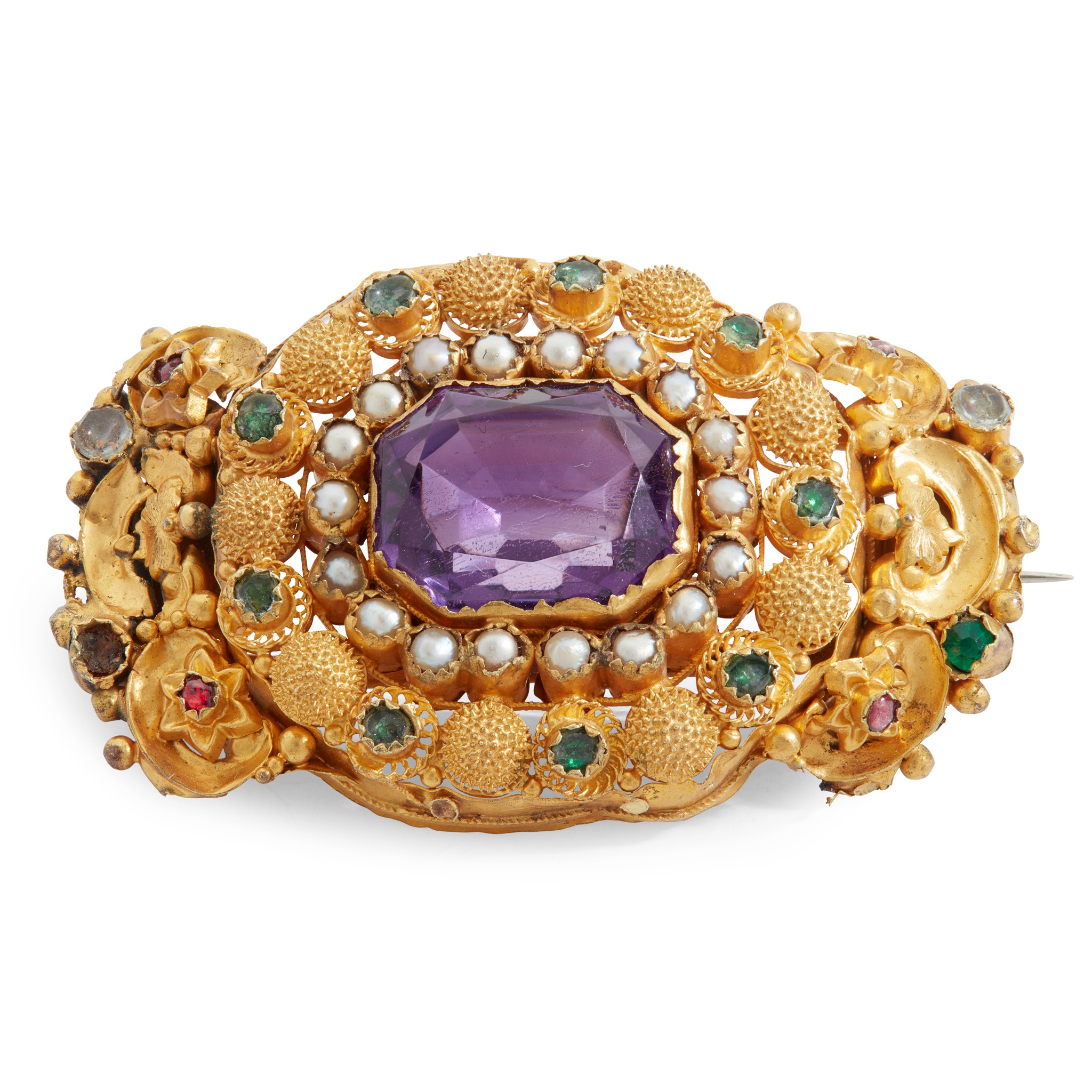 An amethyst, pearl and gem set brooch