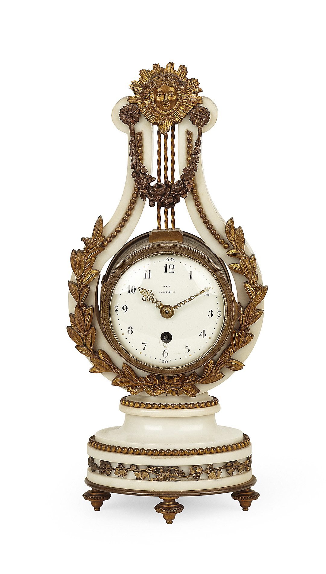 FRENCH MARBLE AND GILTMETAL MOUNTED LYRE CLOCK