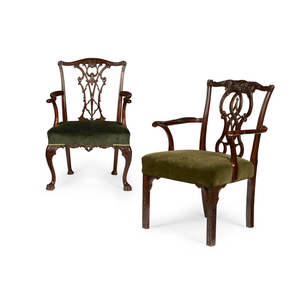 TWO GEORGE III STYLE MAHOGANY ARMCHAIRS