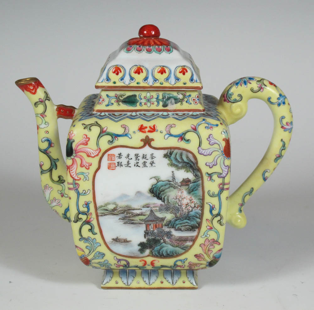 A Chinese teapot and cover Qianlong mark but later