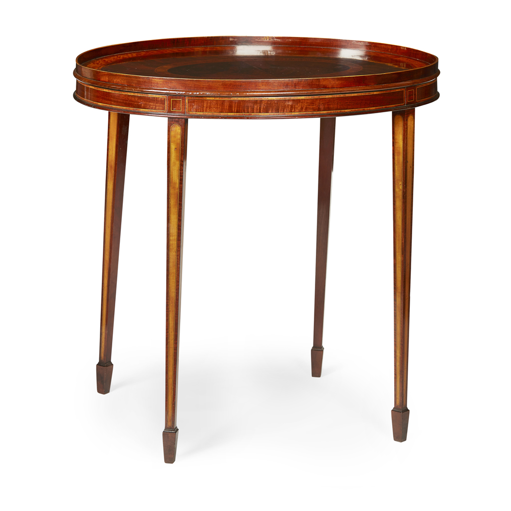 LATE GEORGE III MAHOGANY, KINGWOOD AND SATINWOOD OVAL TRAY TOP TABLE